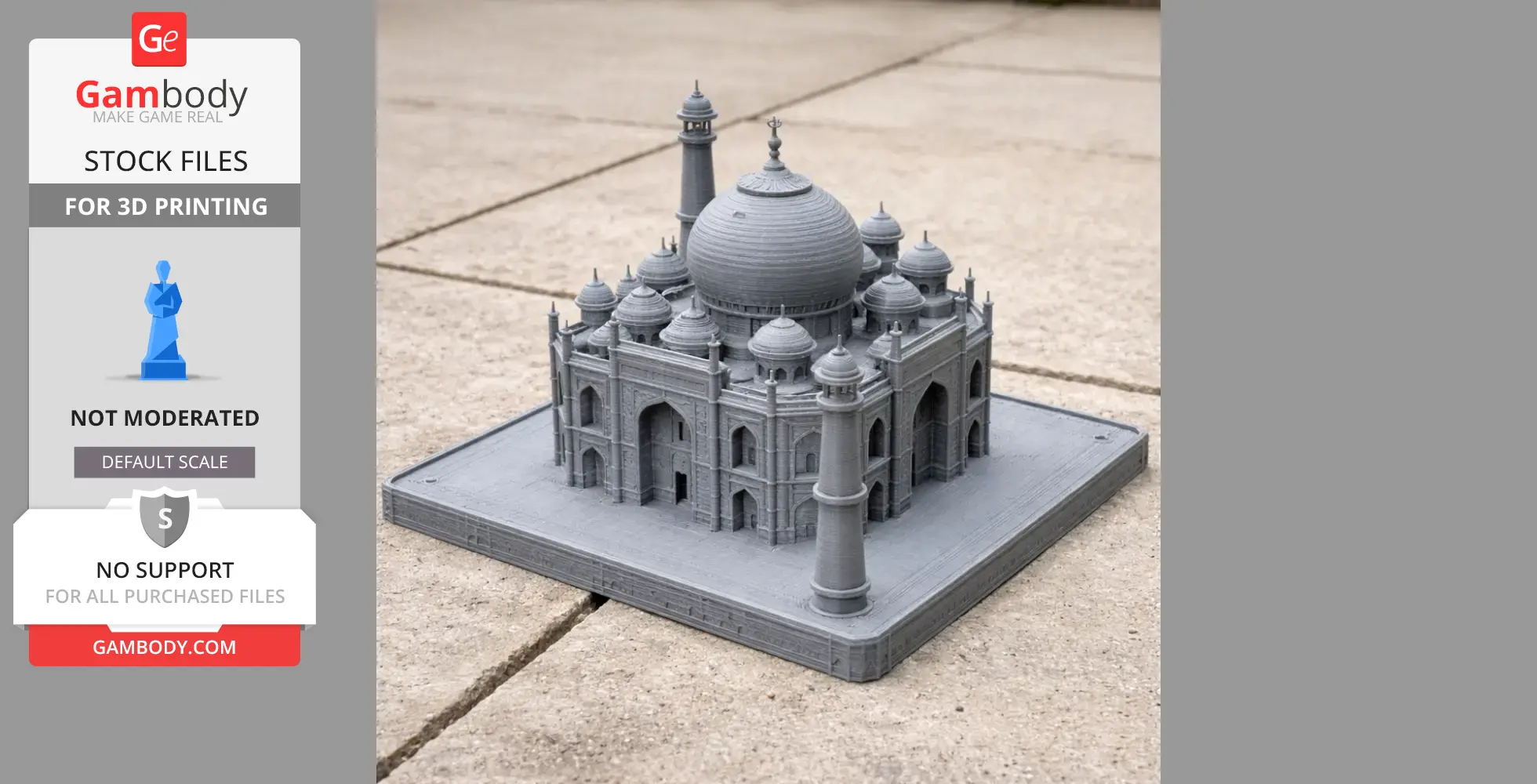 Gray 3D printed model of the Taj Mahal on a tiled surface.