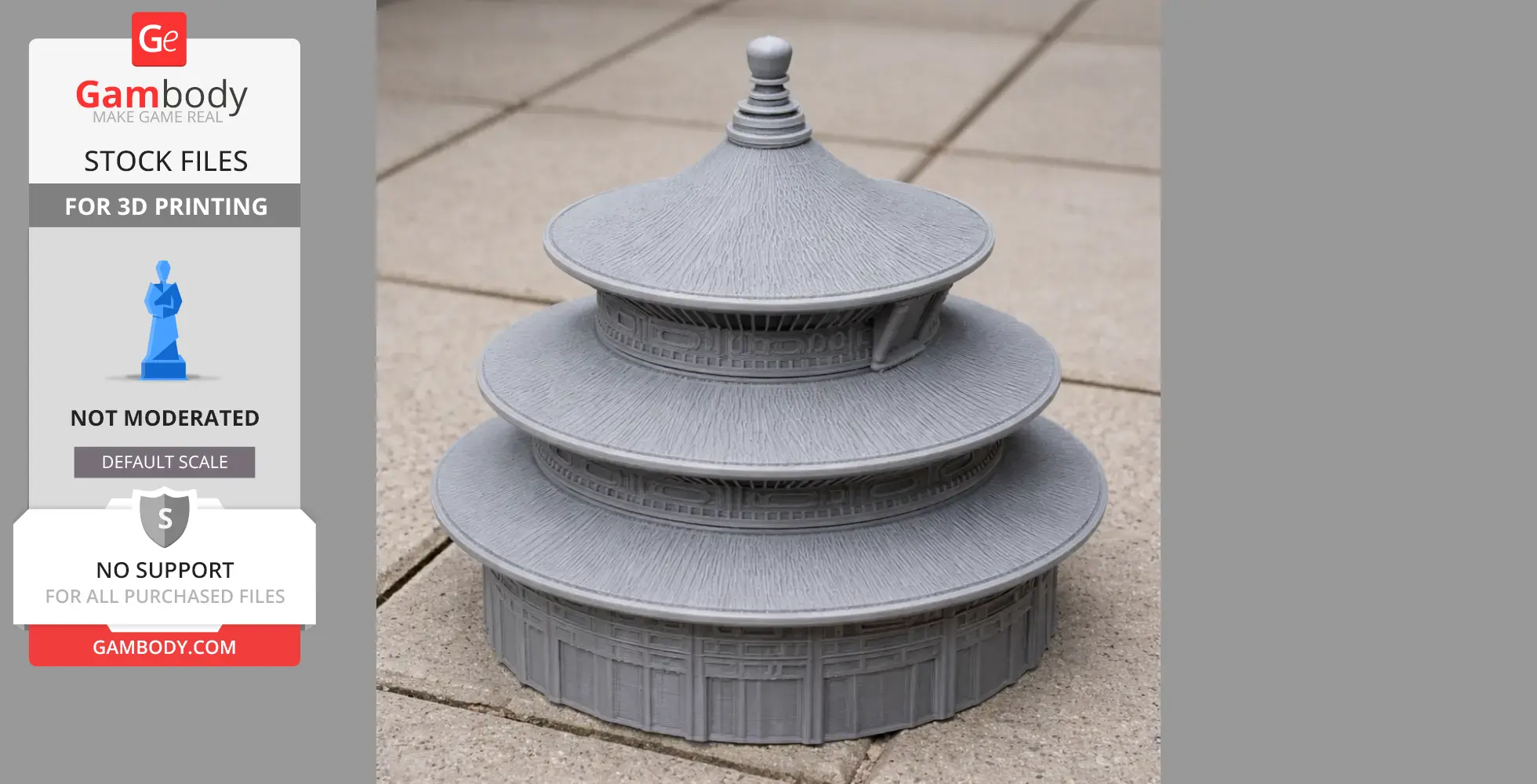 3D printed model of the Temple of Heaven with detailed, tiered roofs on a tiled surface.