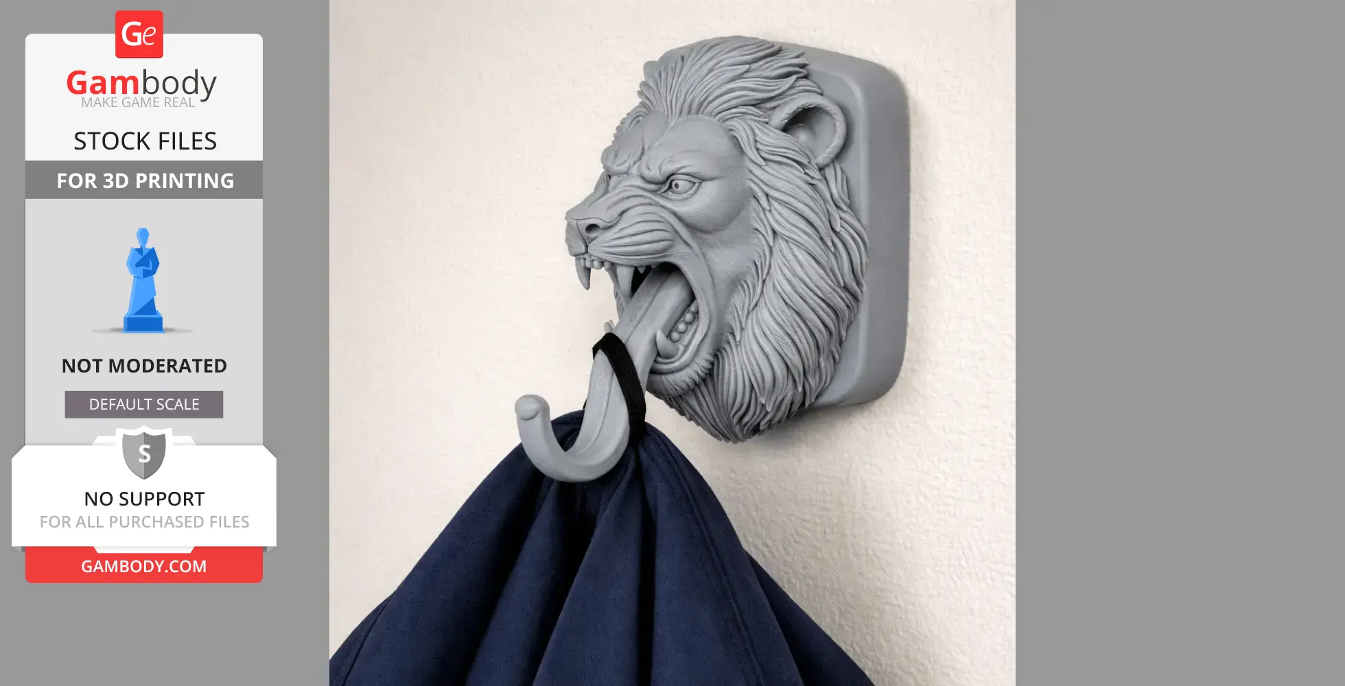 Detailed lion head wall hook holding a blue cloth.