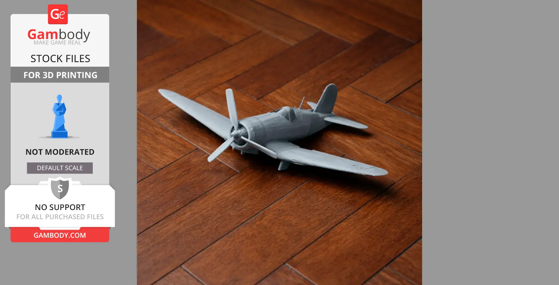3D-printed model of an F4U Corsair plane on wooden floor, featuring a detailed design.