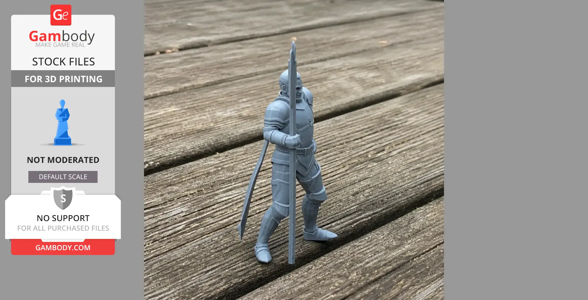 A 3D-printed knight figurine holding a spear, standing on a wooden surface.