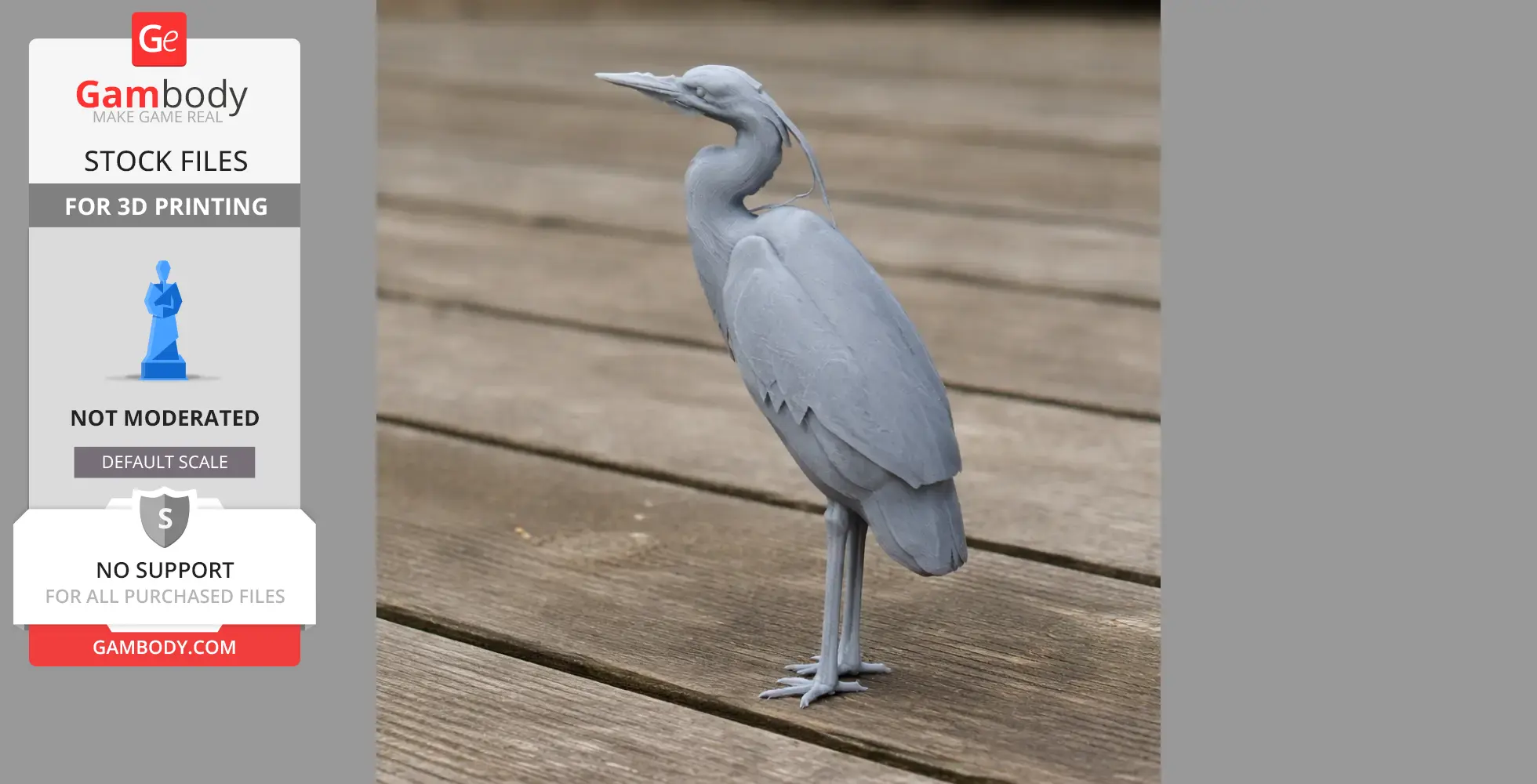 A detailed gray heron 3D model standing on wooden planks, ready for 3D printing.