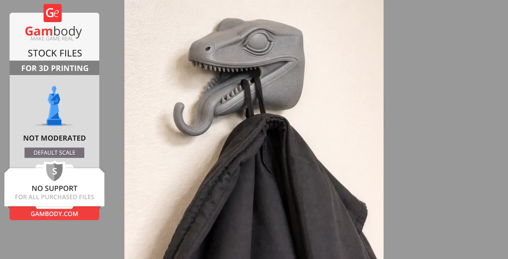 Gray lizard head wall hanger with a hook, holding a black coat.