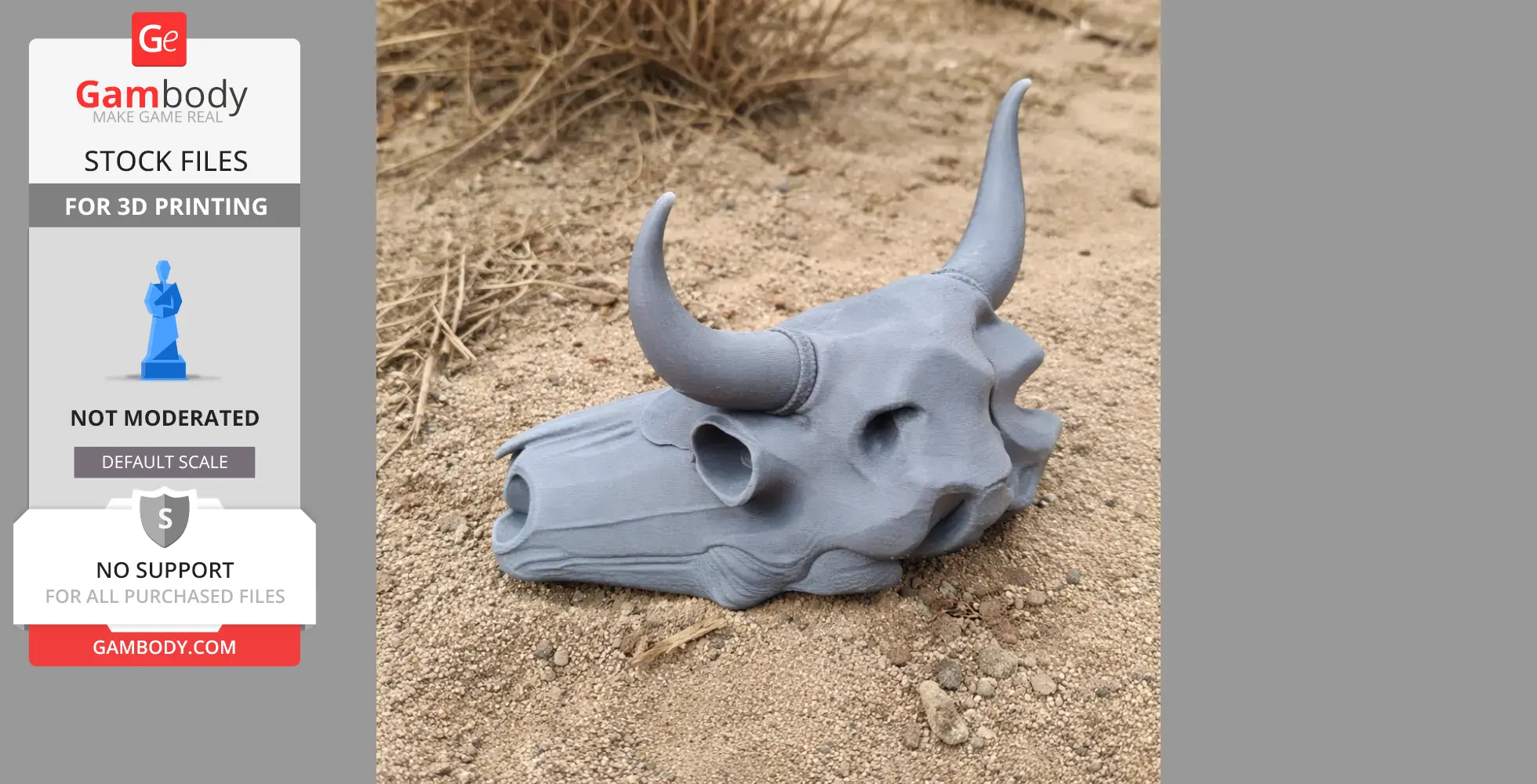 3D printed bull skull model with prominent horns on sandy ground.