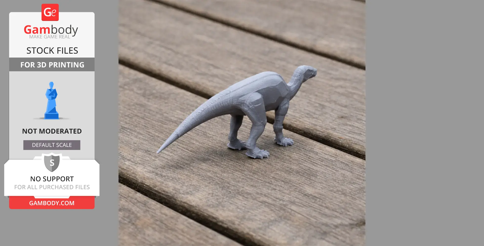 3D-printed gray dinosaur model resembling a Hippodraco on a wooden surface.