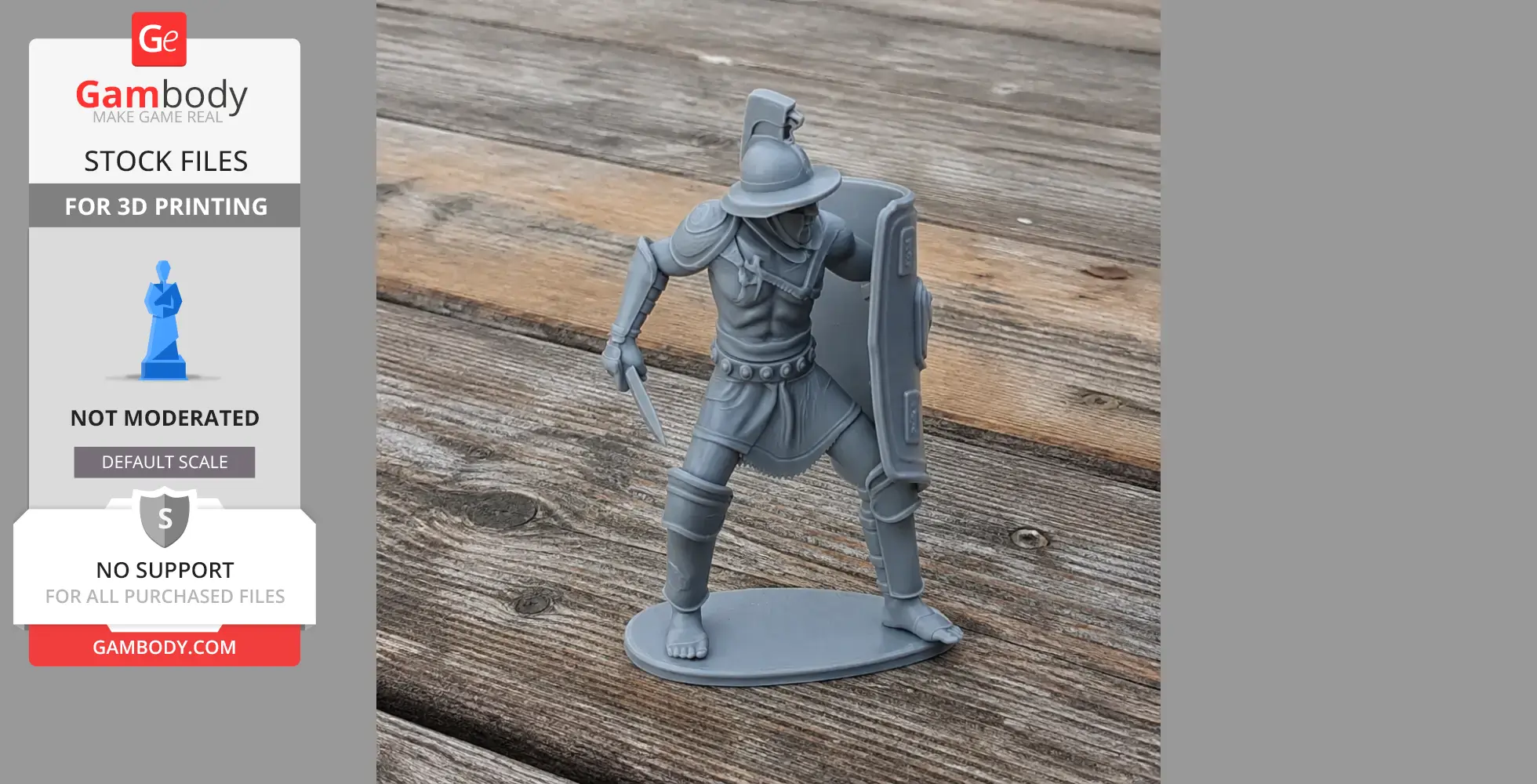 A 3D-printed gladiator figure with a helmet, shield, and sword, posed for display on wooden planks.