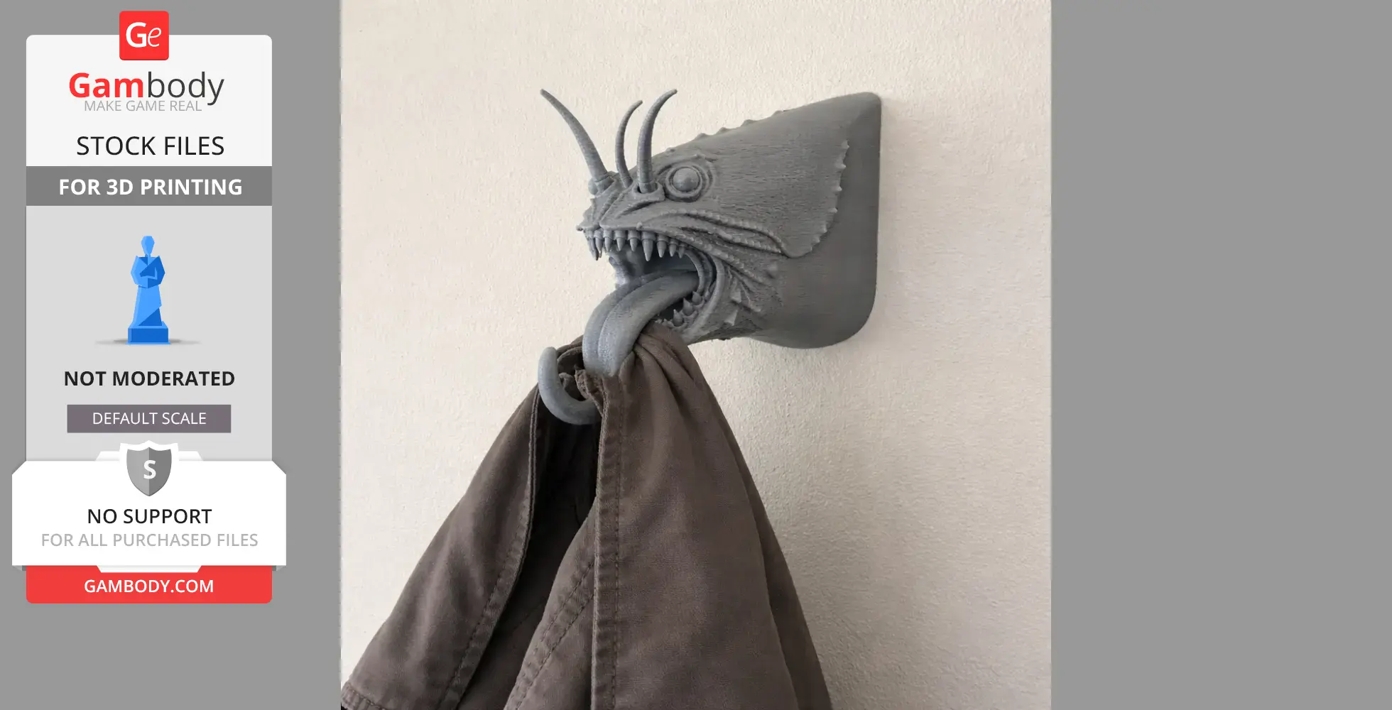 Wall-mounted lobster head with open mouth serves as a coat and key holder hook.