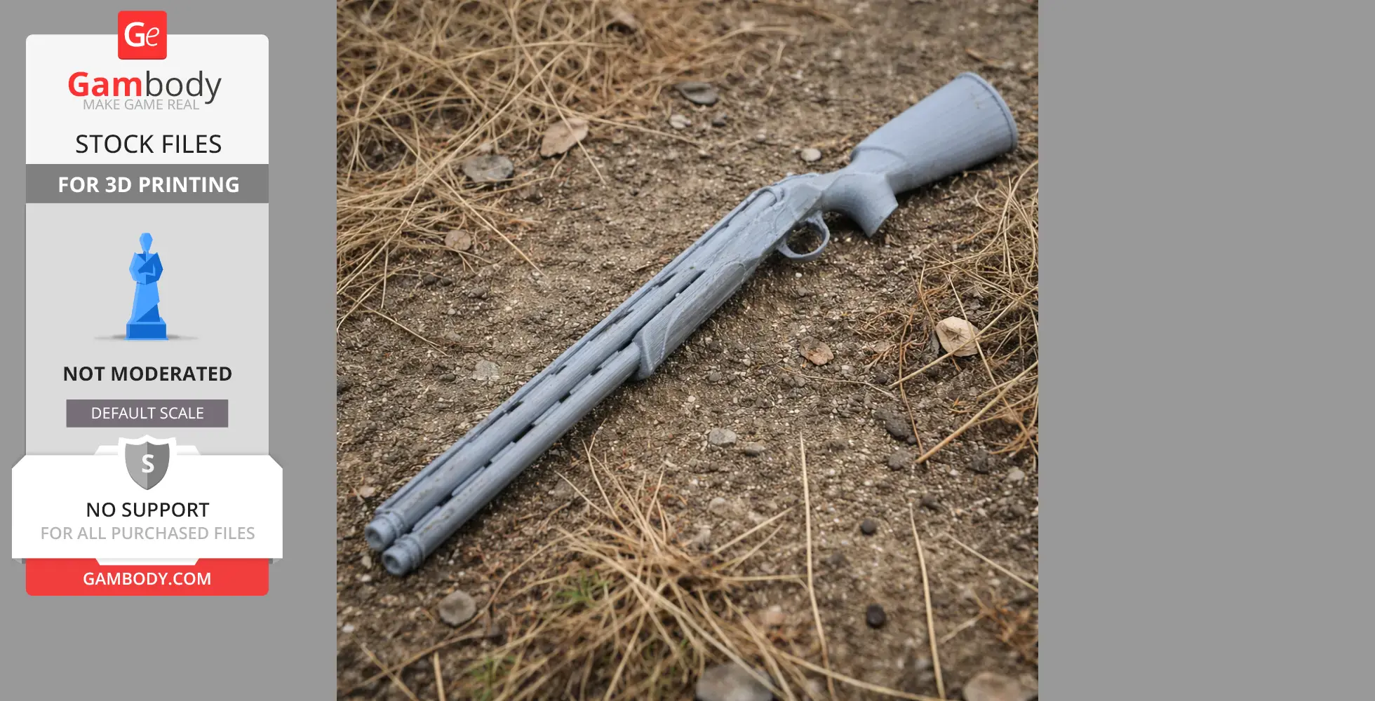 3D-printed model of a Beretta DT11 shotgun on a dirt and grass surface.