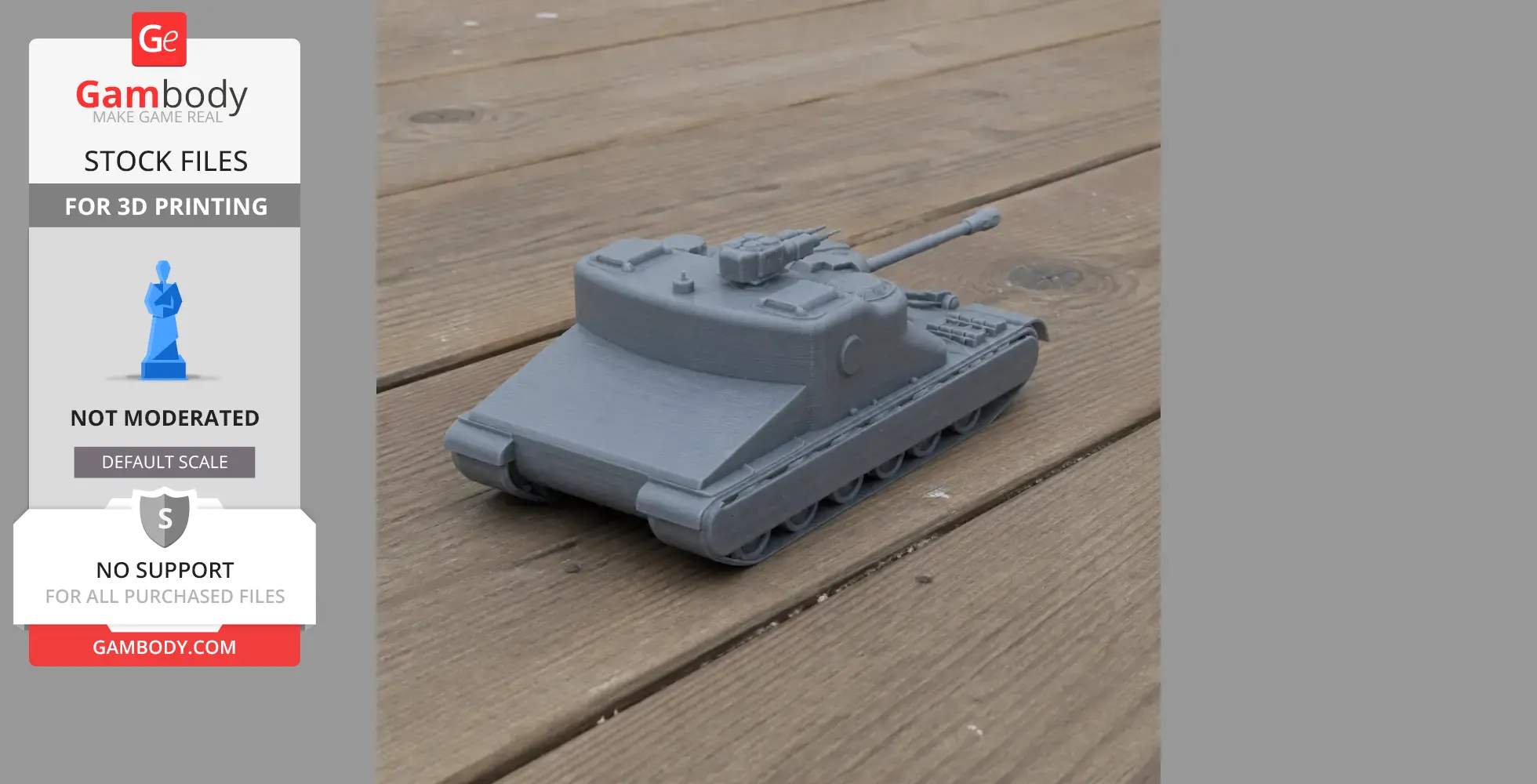 3D printed model of an AT 15A tank in gray, displayed on a wooden surface.