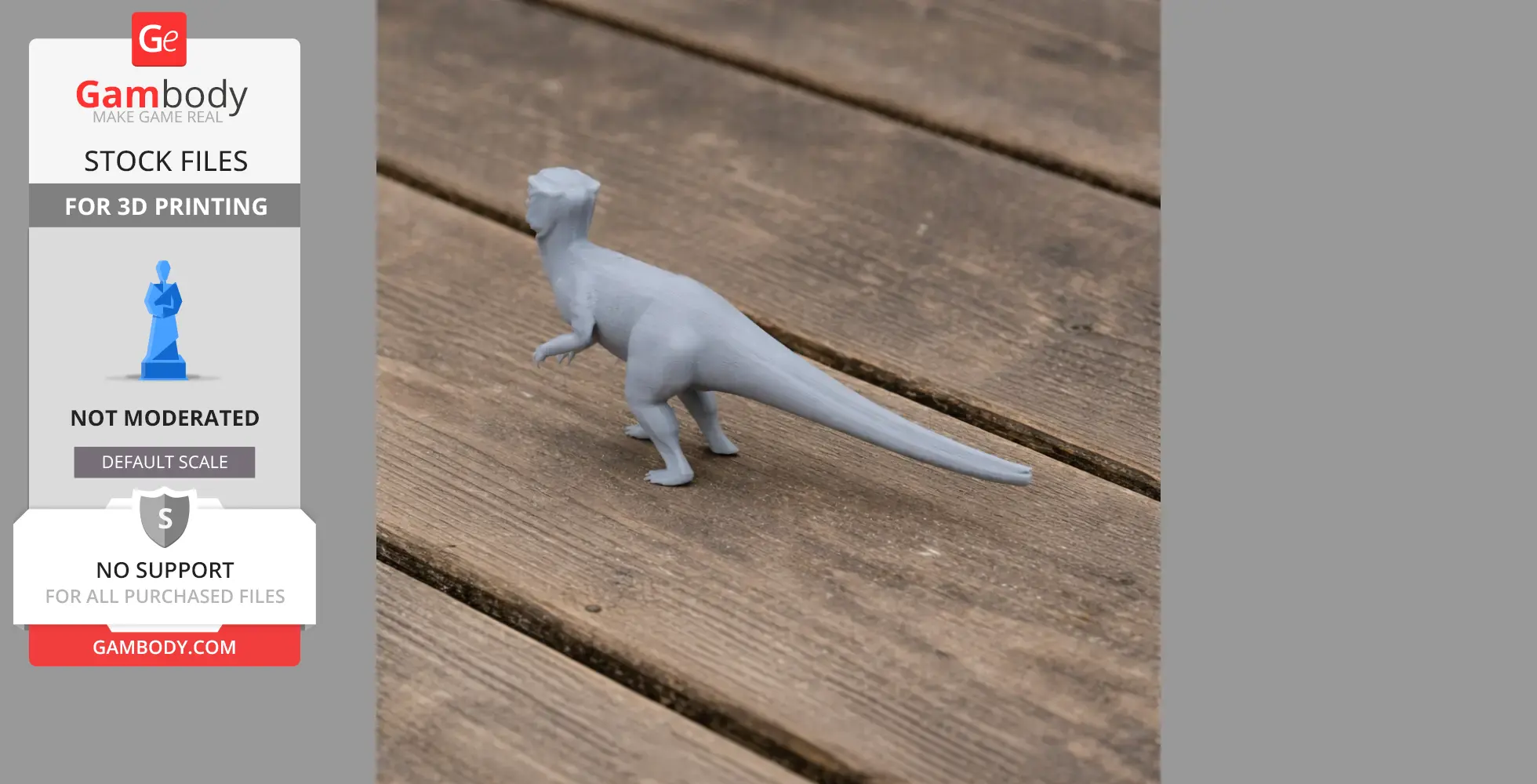 A 3D-printed model of a Homalocephale dinosaur, gray, on wooden planks.