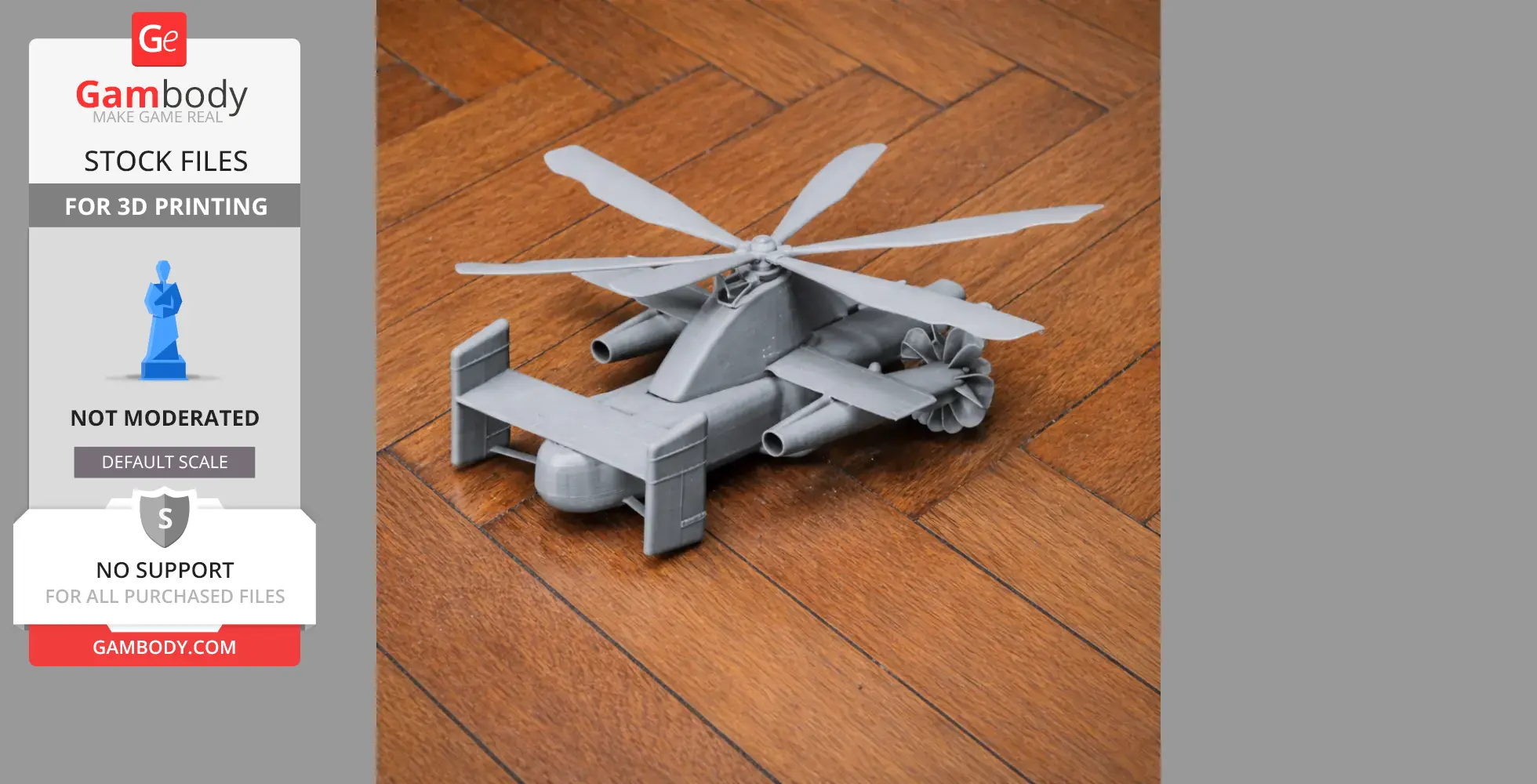 Gray 3D printed model of a Fairey Rotodyne helicopter on a wooden floor.