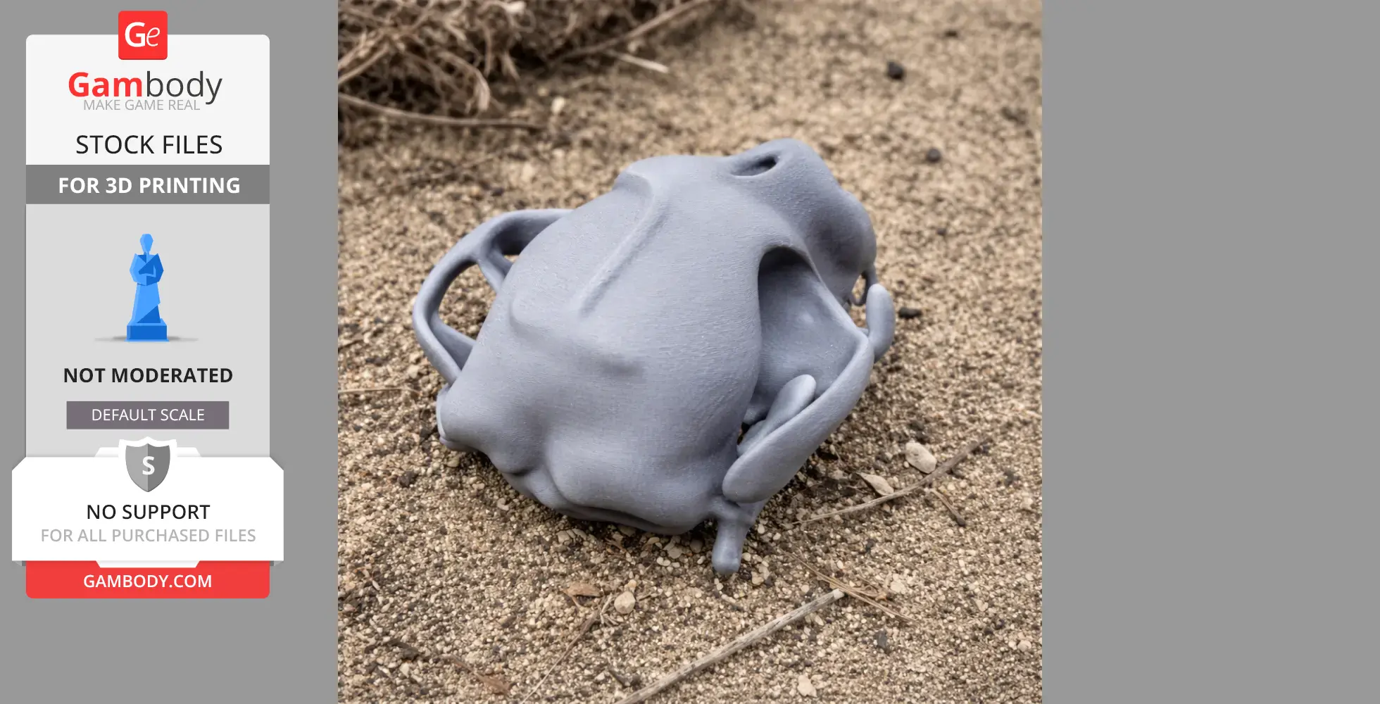 3D-printable Bush Dog skull model on sandy ground background.
