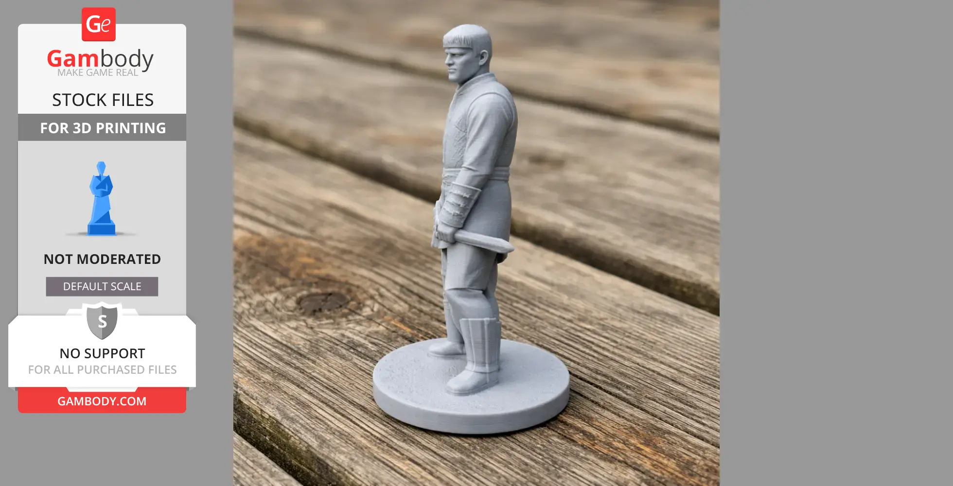 A 3D-printed Viking figure stands on a round base, holding a sword, wearing period clothing.