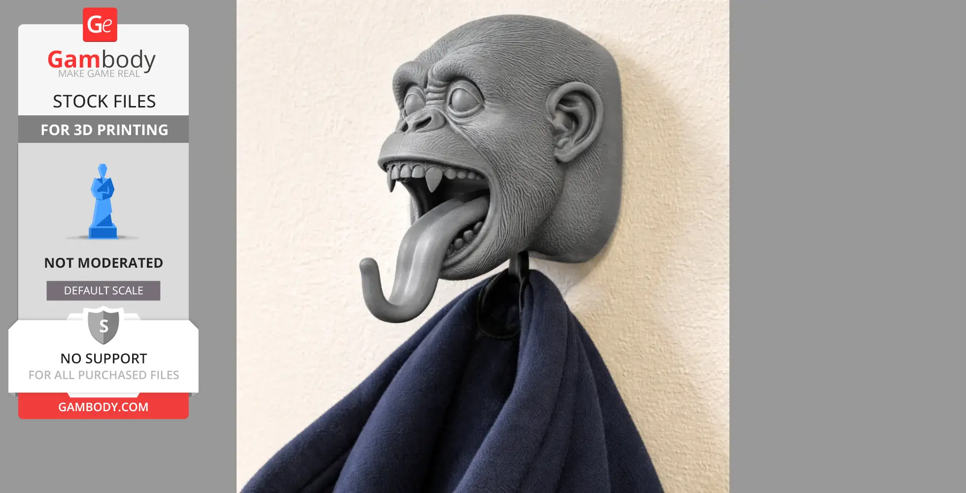 Monkey head wall hanger with open mouth, tongue-shaped hook holding a navy coat.