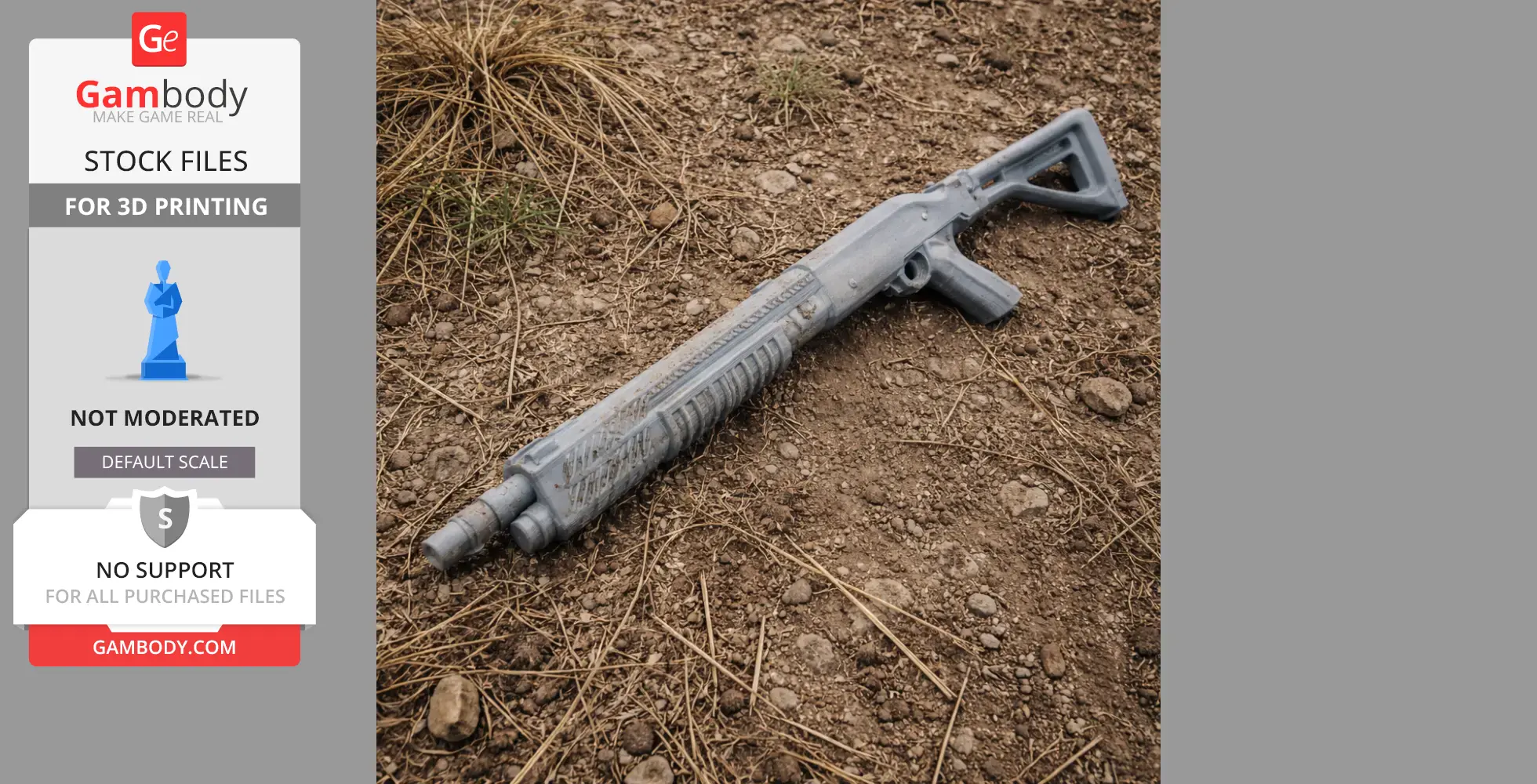 A 3D printed model of a Beretta RS202M2 shotgun on a dirt surface.