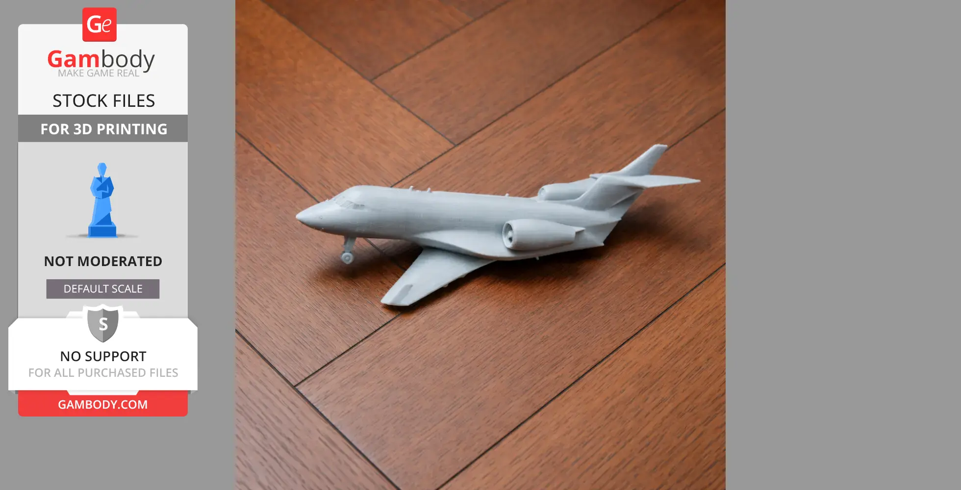 Gray 3D printed model of a Gulfstream jet plane on a wooden floor.