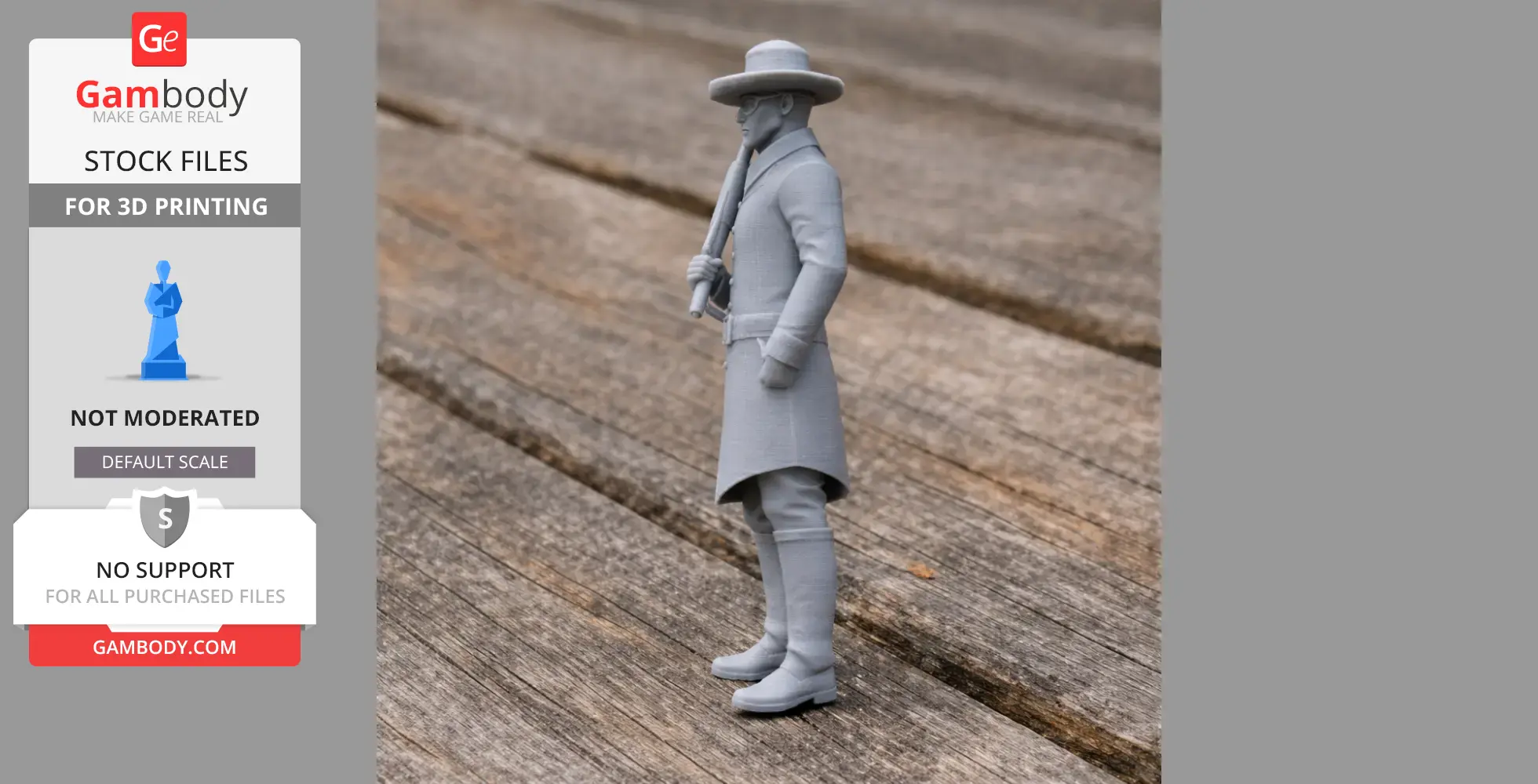 3D printed Civil War soldier model in a coat and wide-brimmed hat, holding a rifle, standing on wood.