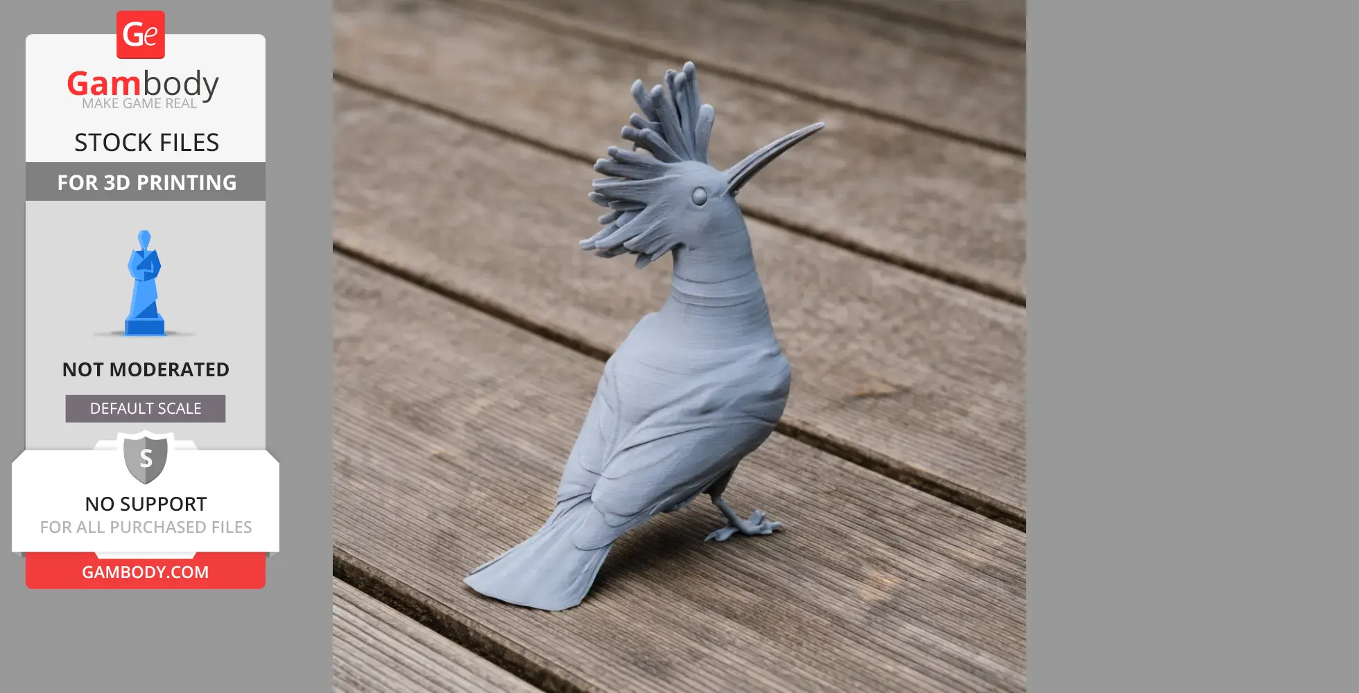 3D-printed hoopoe bird model with a prominent crest, standing on a wooden surface.