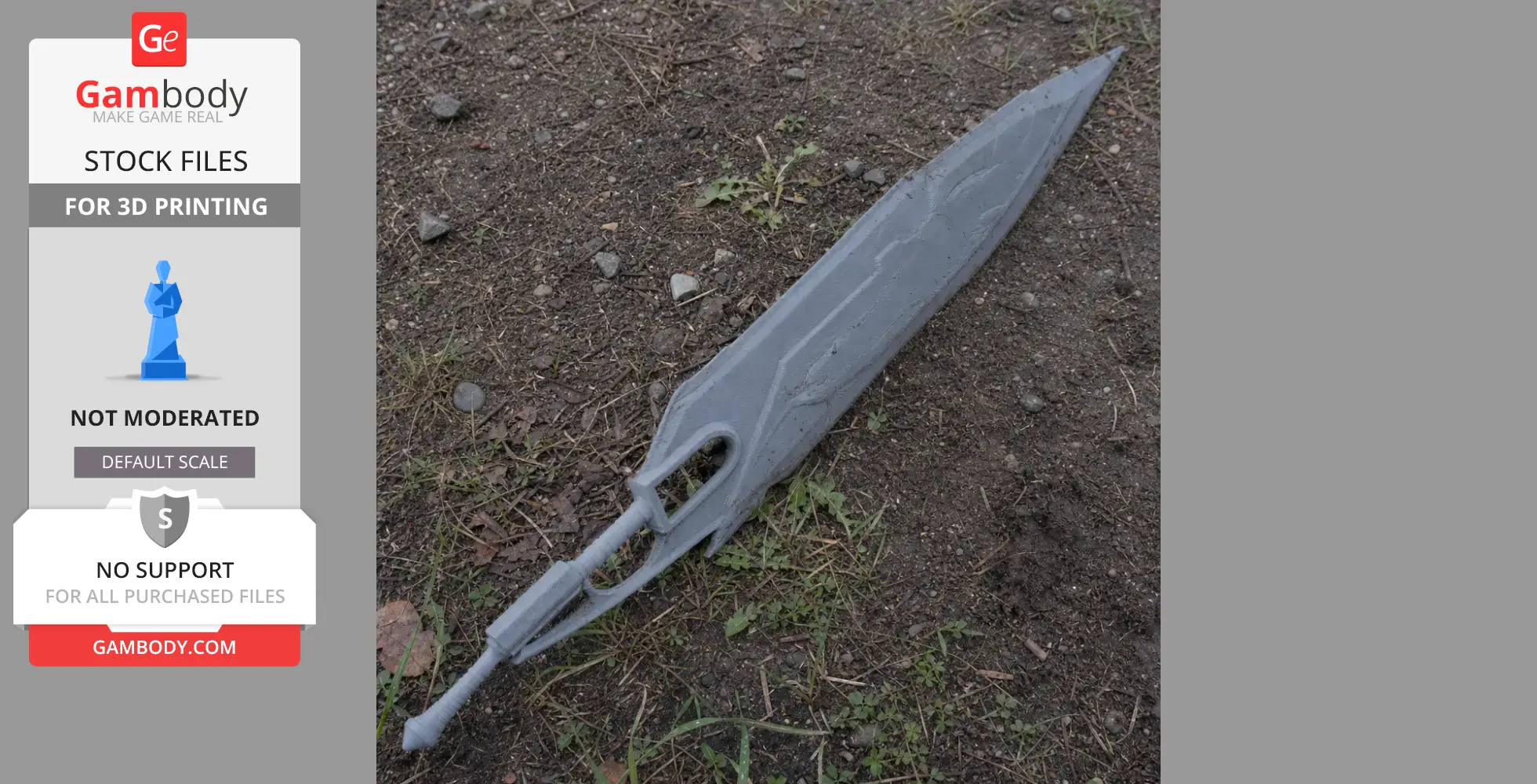 A large, detailed, grey 3D-printed fantasy sword with a textured blade resting on the ground.