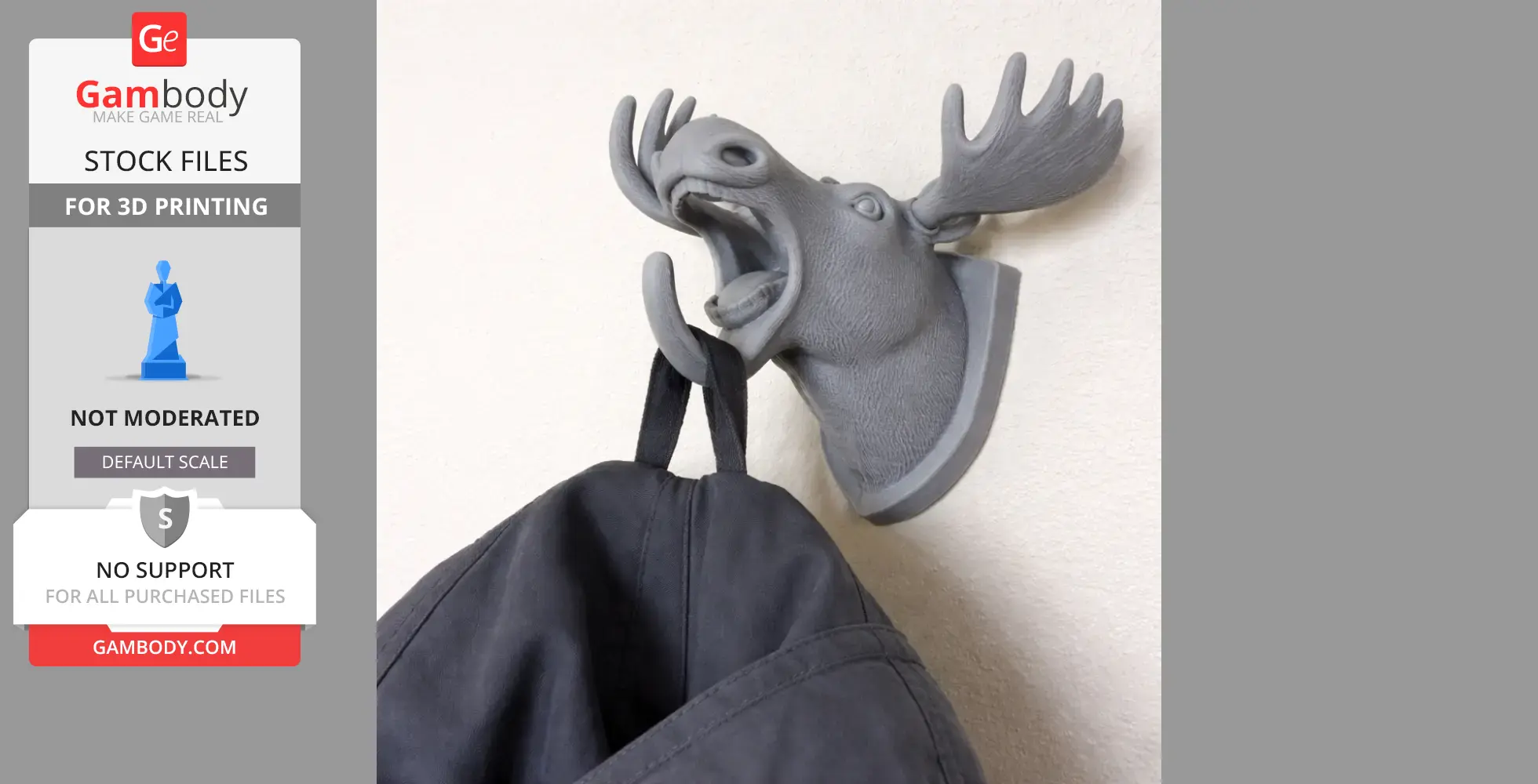 A 3D-printed moose head wall hanger with hooks holding a black coat.