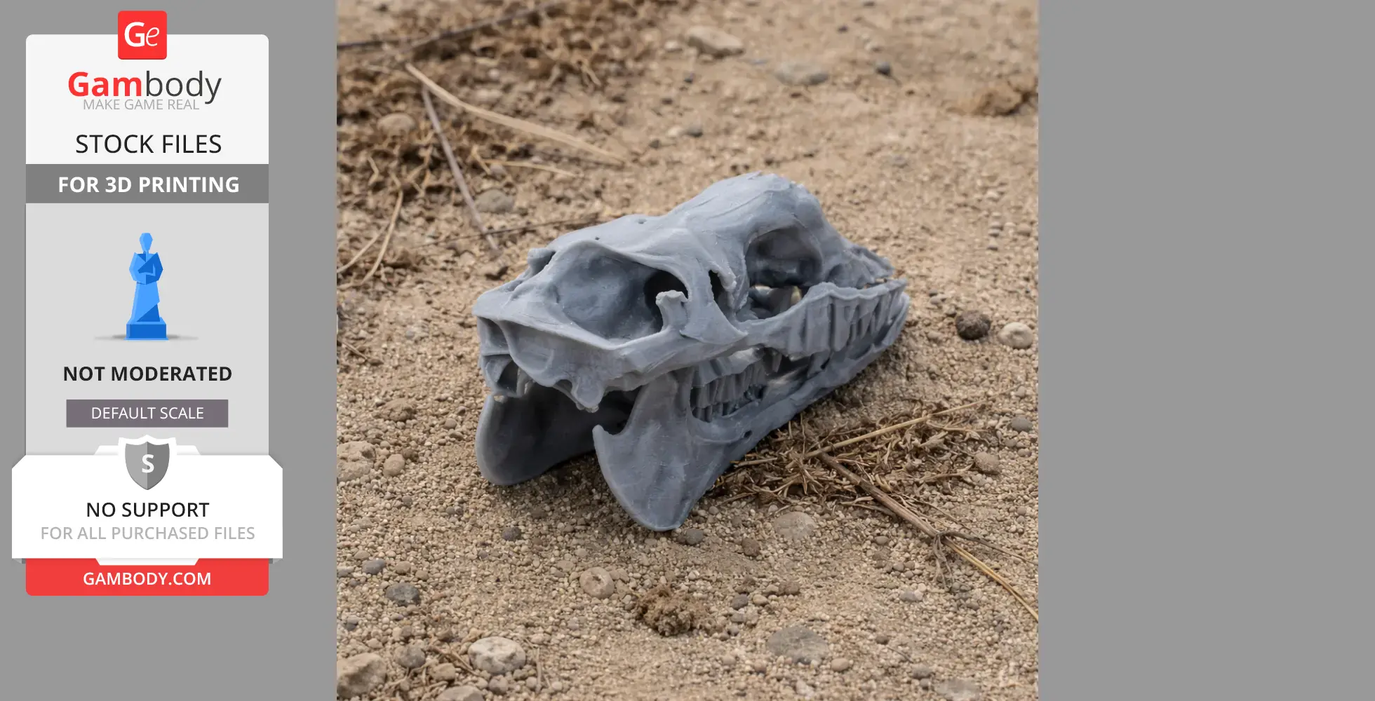 A 3D printed gray camel skull model resting on sandy ground.
