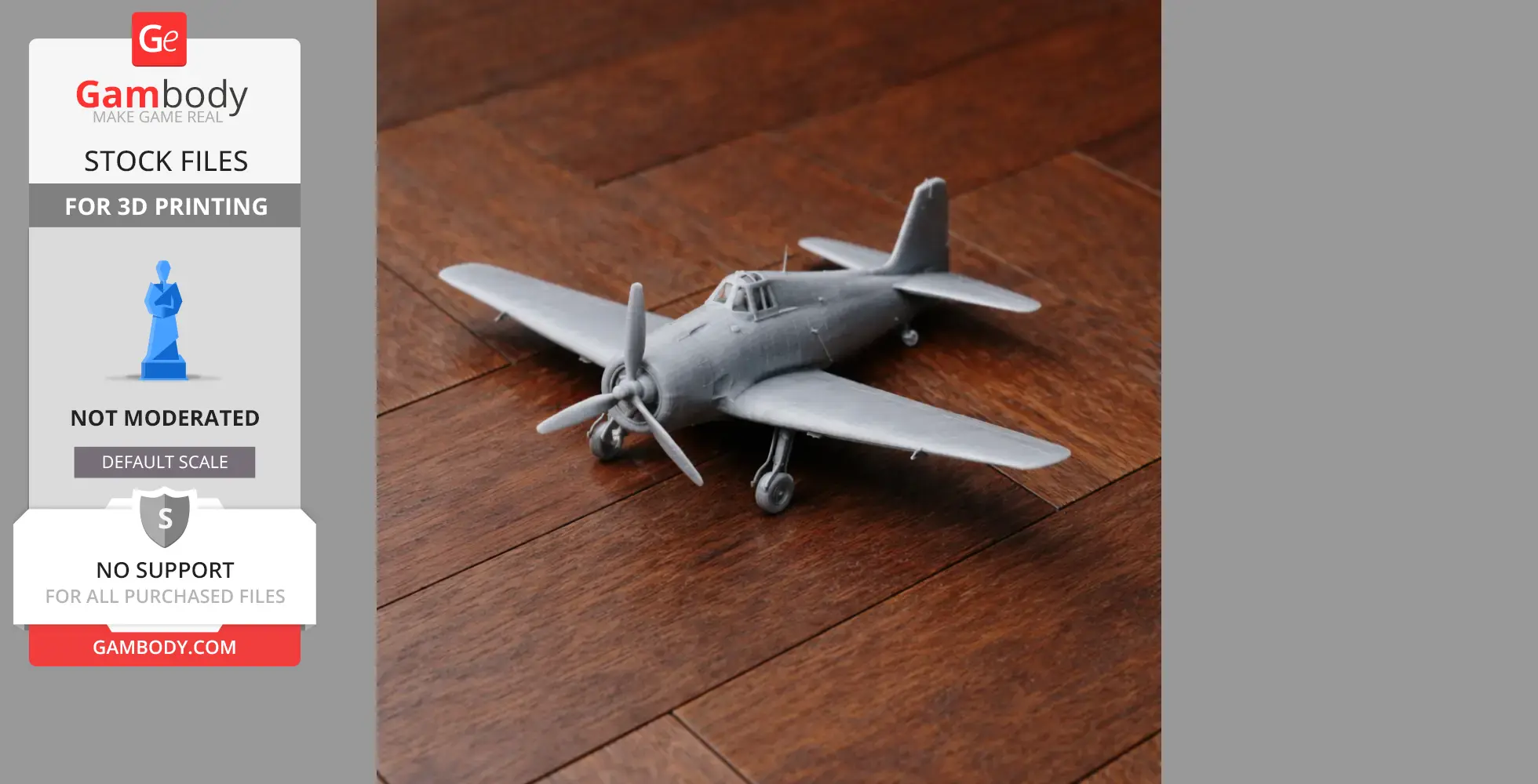 Gray 3D printed model of a Hellcat plane on a wooden surface.