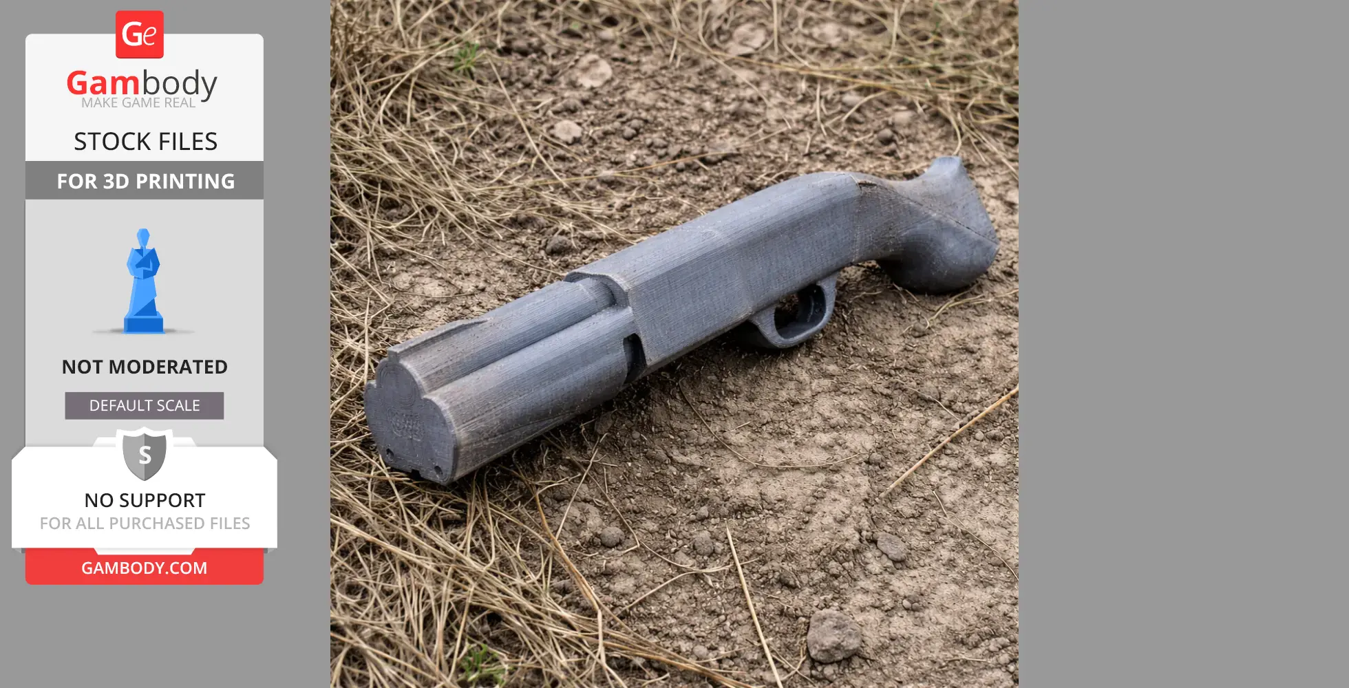 3D printed Browning Double Auto shotgun model, displayed on dry, grassy ground.