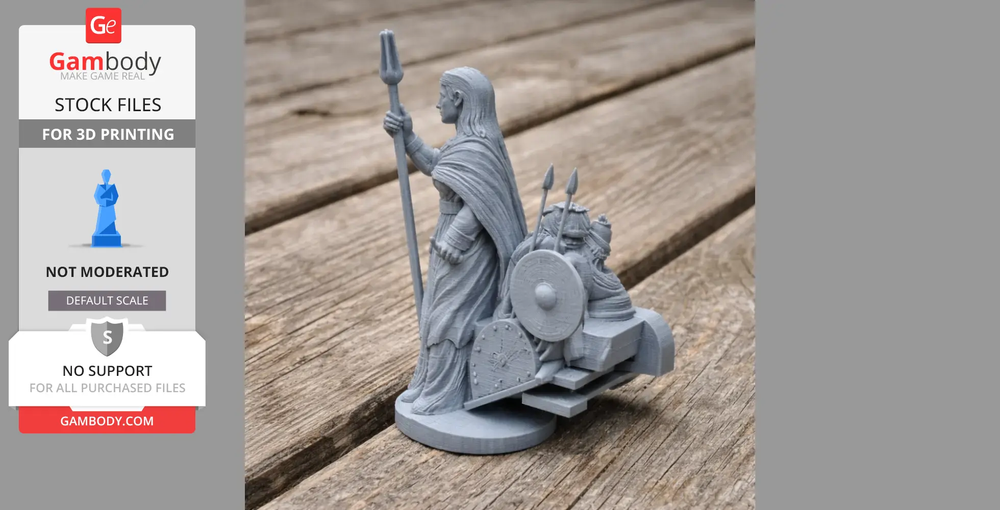 3D printed model of an ancient warrior holding a staff, with shields and spears at the base.