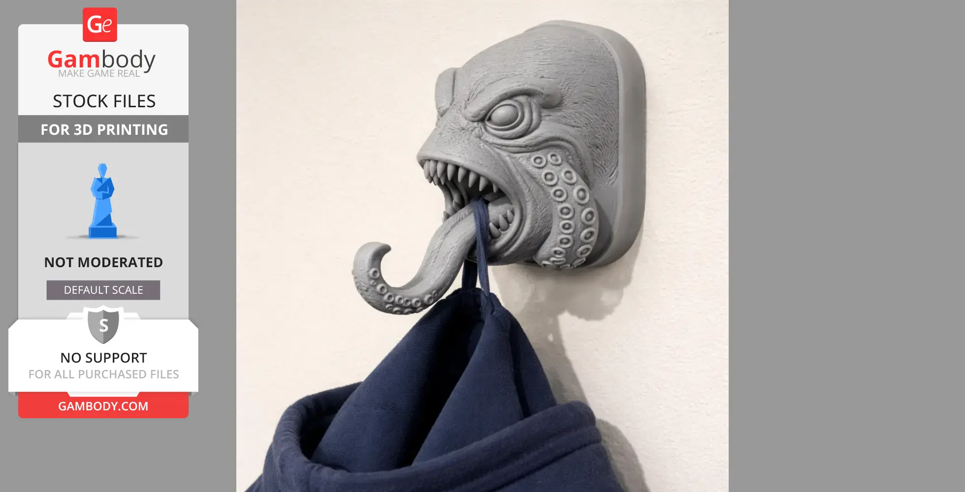 Octopus head wall hanger with tentacle hook holding a blue coat.