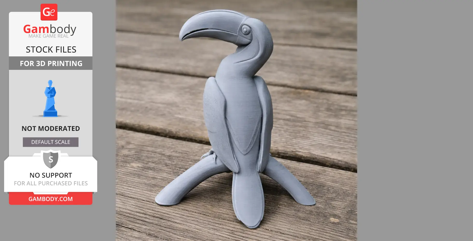 Gray 3D-printed hornbill bird model with a large beak on wooden surface.