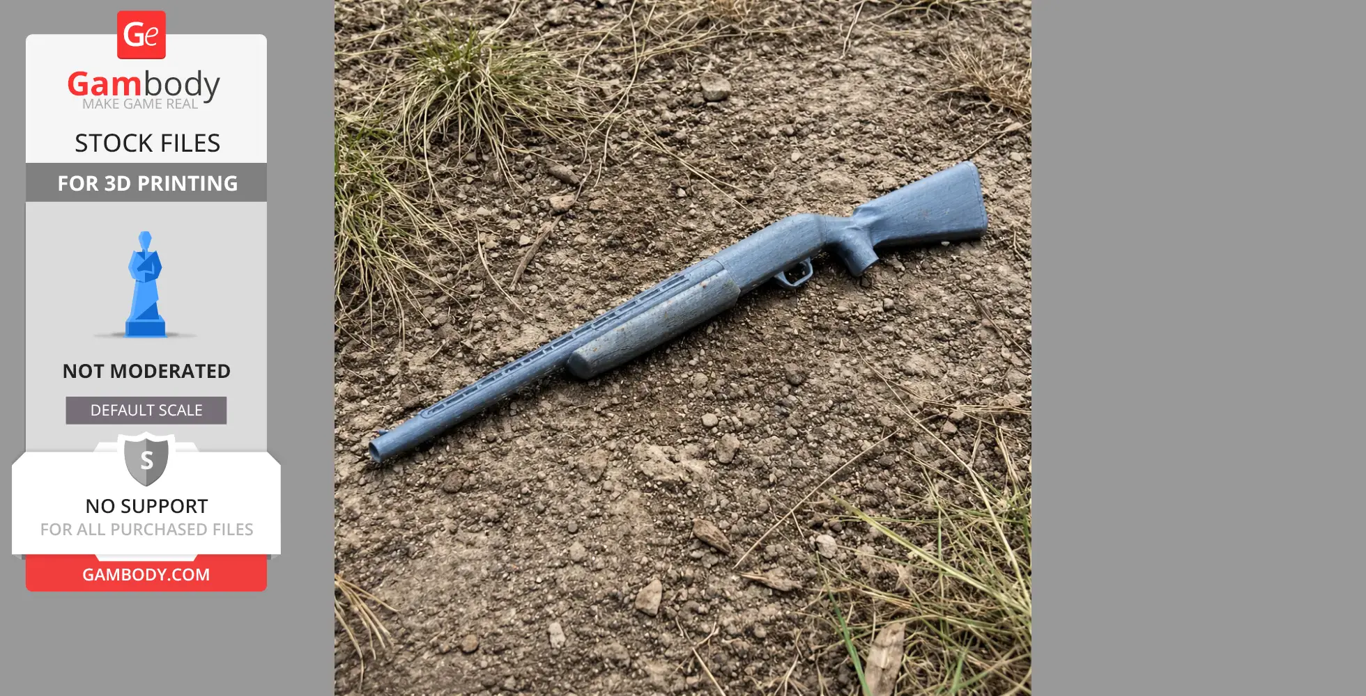 A 3D-printed model of a Browning Maxus shotgun lying on dirt surrounded by grass.
