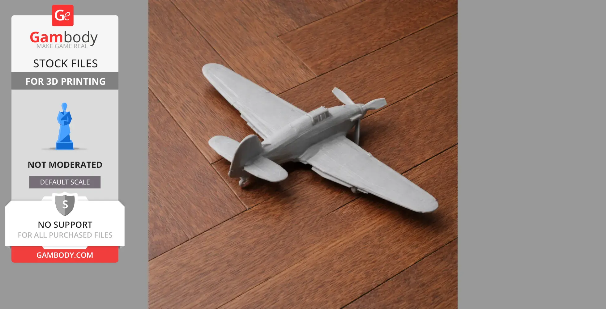 3D-printed model of a Hurricane plane on a wooden floor.