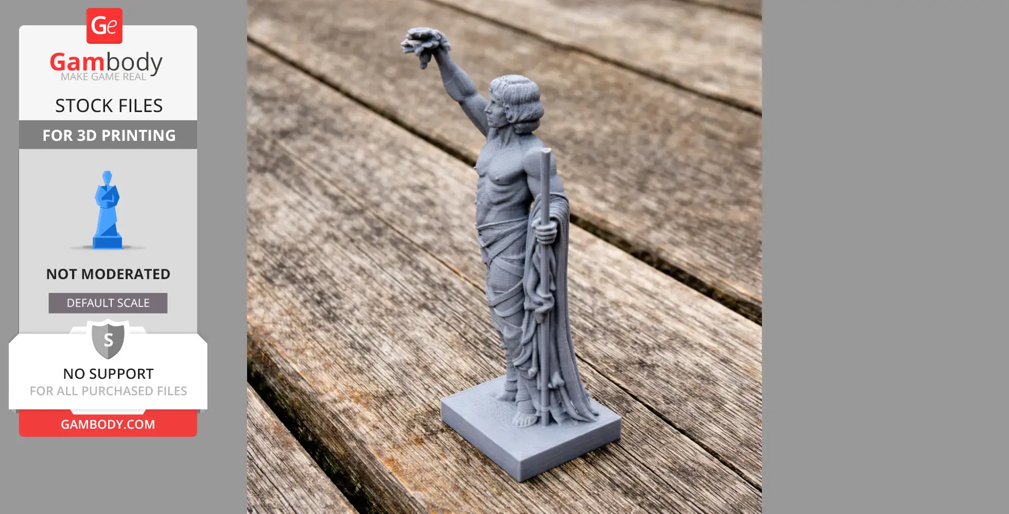Gray 3D print of an ancient warrior raising an object, standing on a wooden surface.