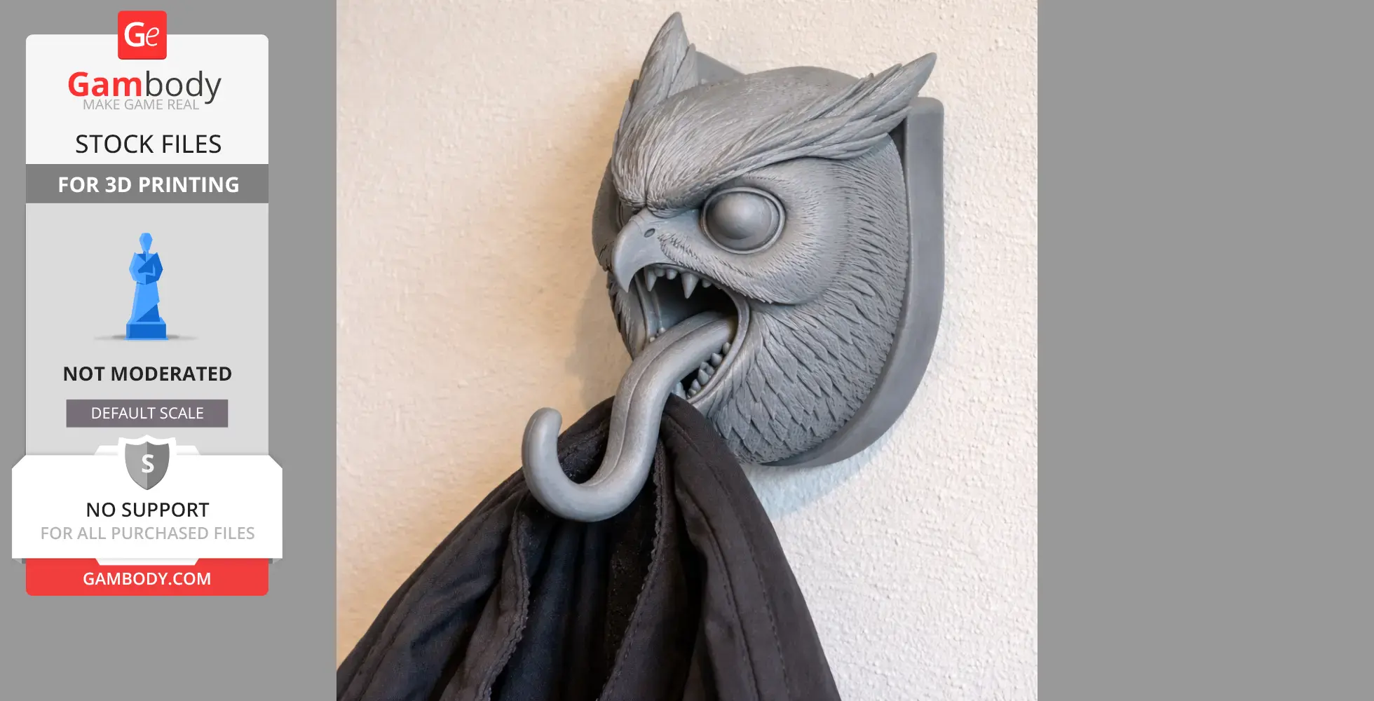 A detailed owl head wall hanger with a hook, holding a coat or fabric.