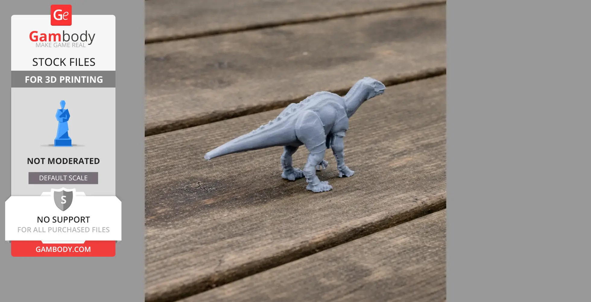 Gray 3D-printed Huaxiaosaurus model on a wooden surface.