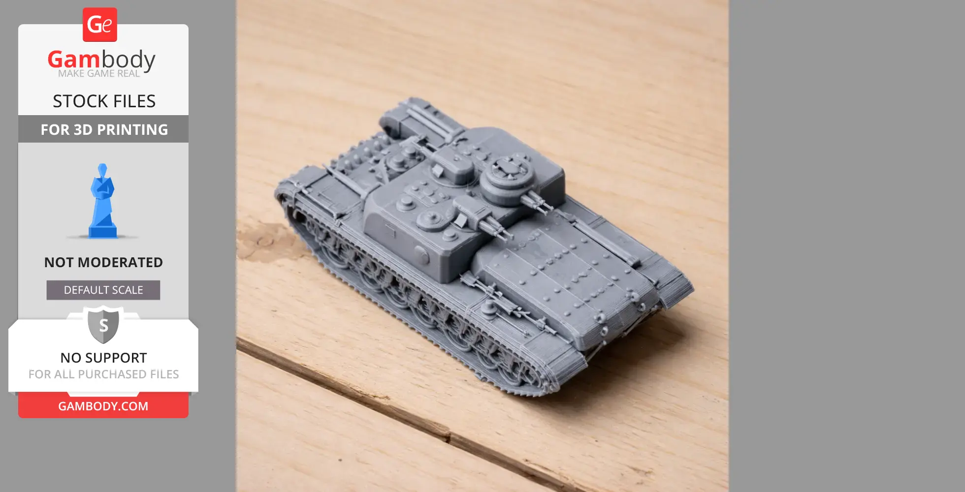 Gray 3D-printed AT-7 tank model on a wooden surface, showing intricate details and tracks.
