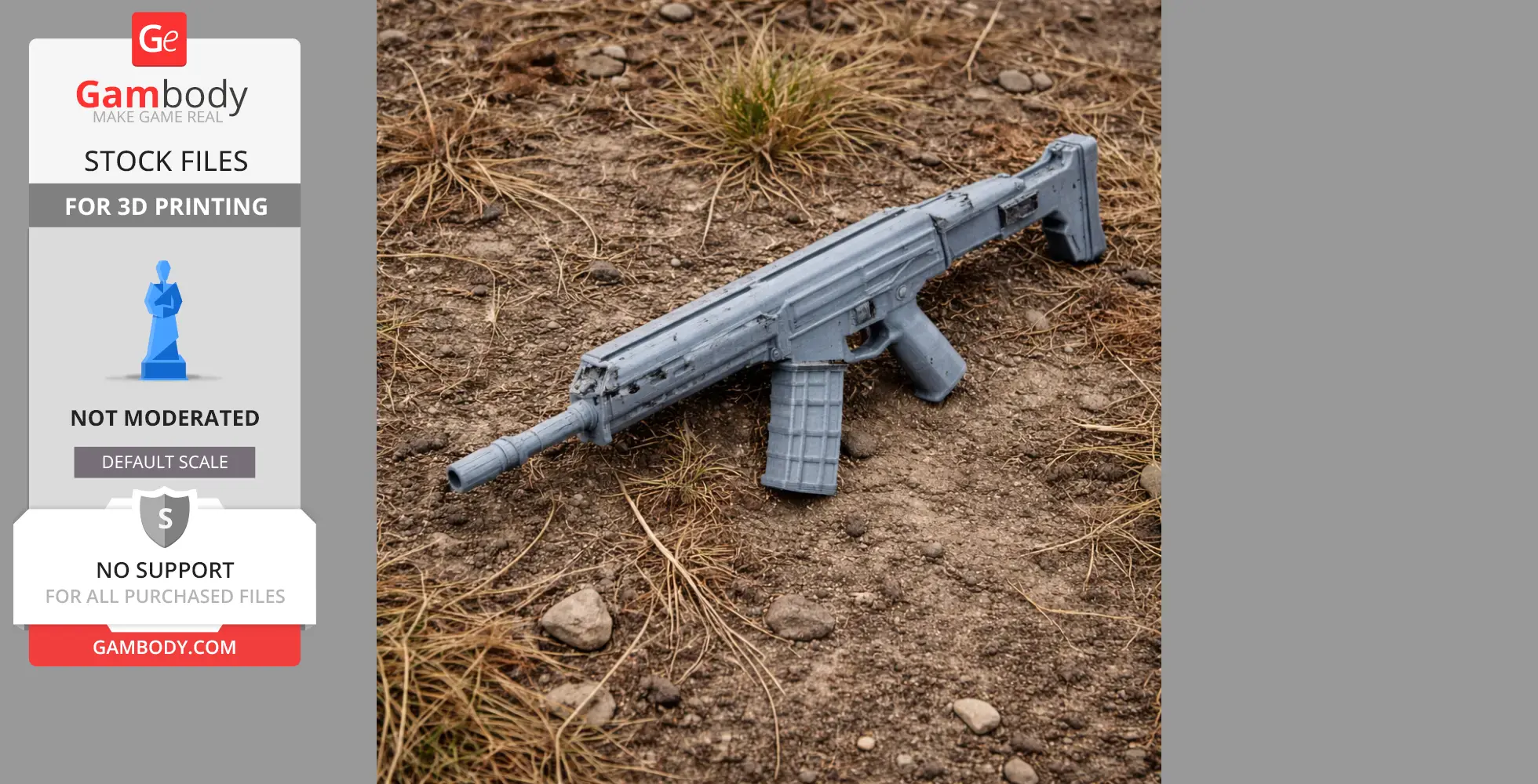 A 3D-printed, gray model of a Bushmaster ACR rifle on dry, grassy soil.