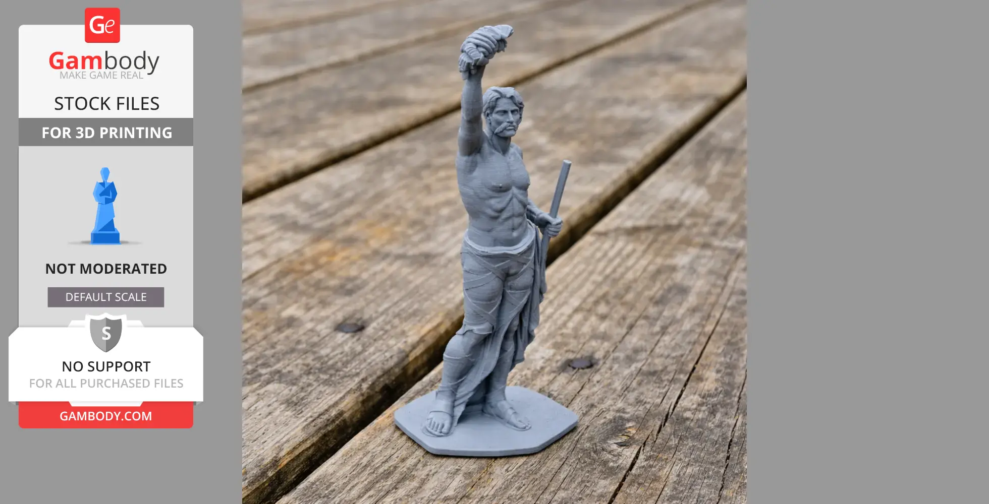 Ancient warrior 3D model holding an object aloft, standing on a textured wooden surface.