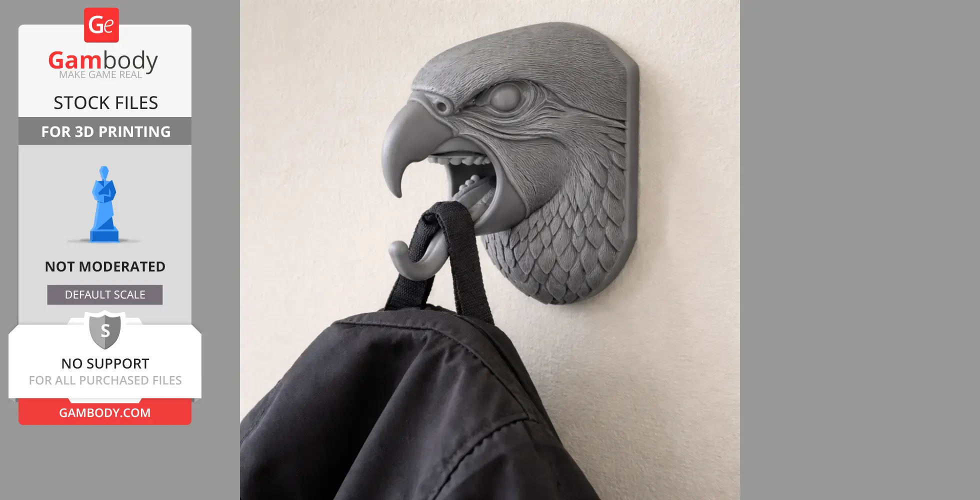 A parrot head wall hook holding a coat with a beak as the hook for hanging.