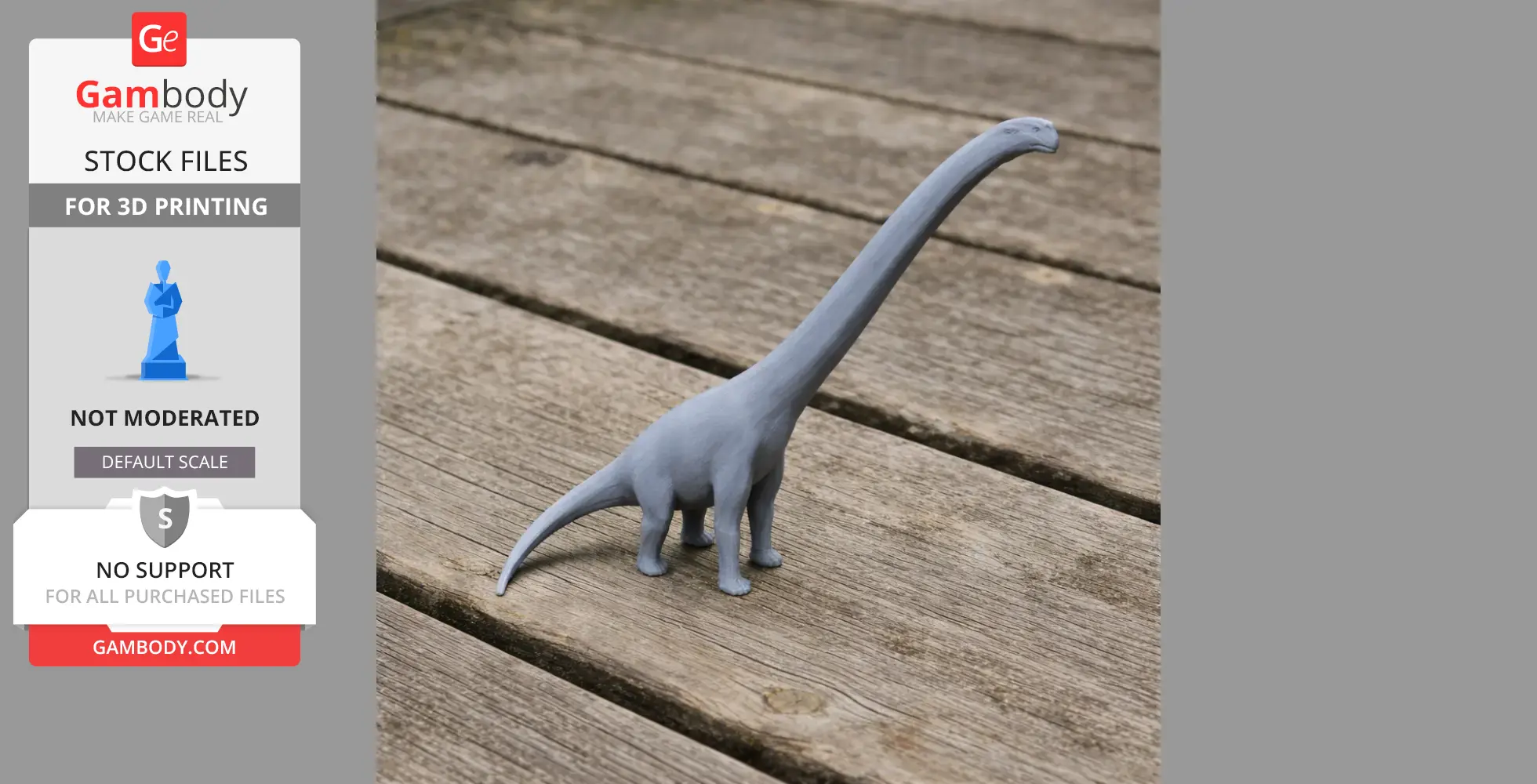 Gray 3D-printed Hudiesaurus model on a wooden surface.