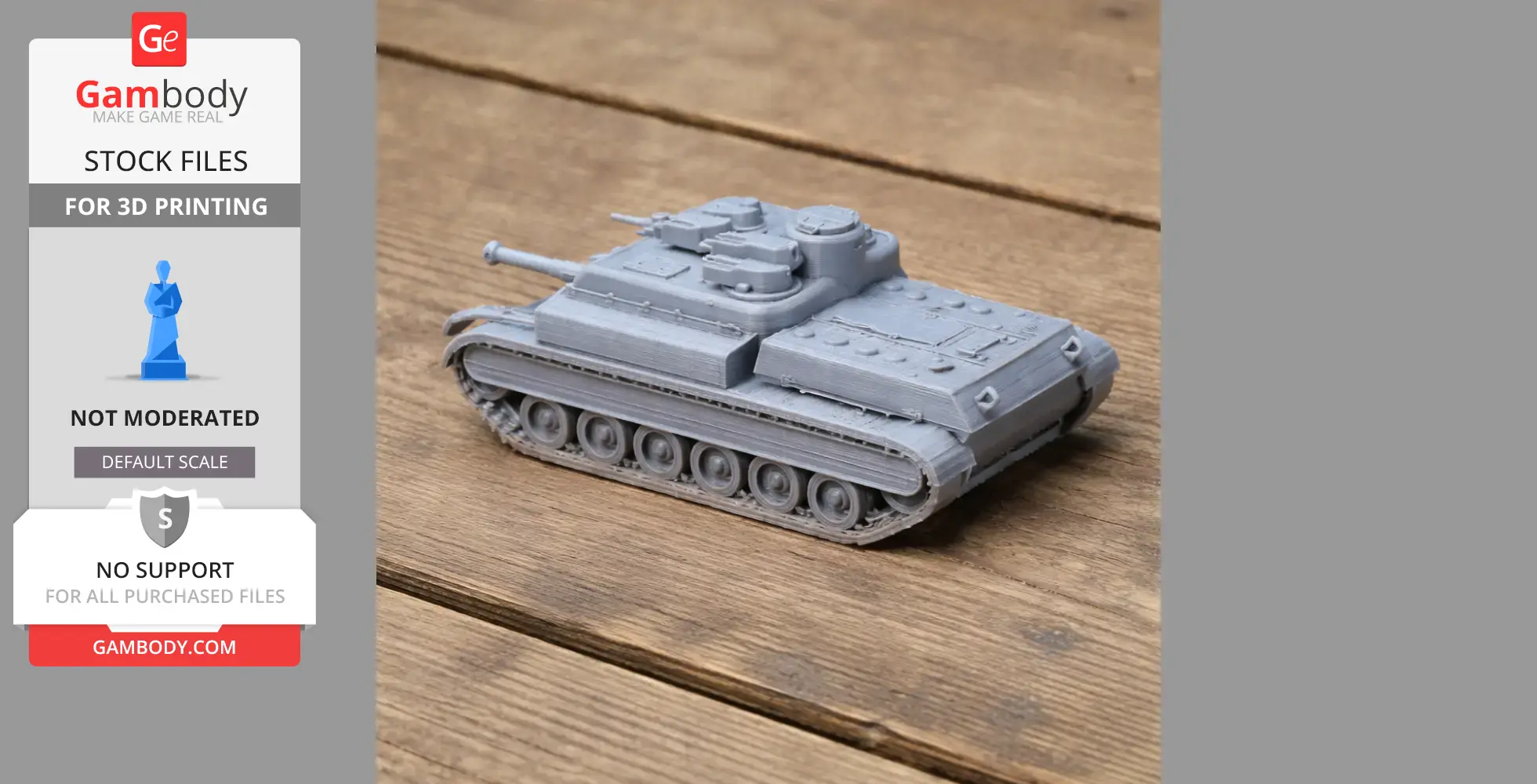 A detailed 3D-printed model of an AT-8 tank on a wooden surface.