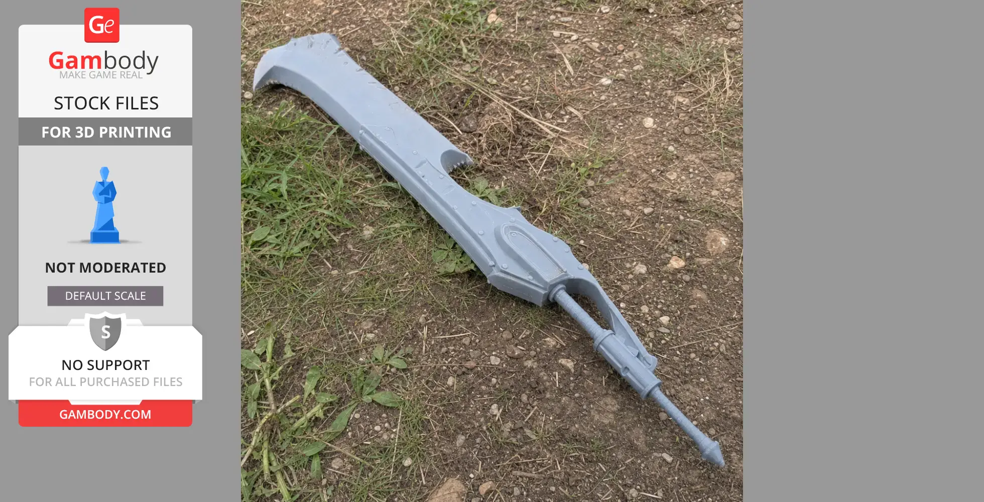 A 3D-printed Buster Sword prop from Monster Hunter Wilds, lying on the grassy ground.