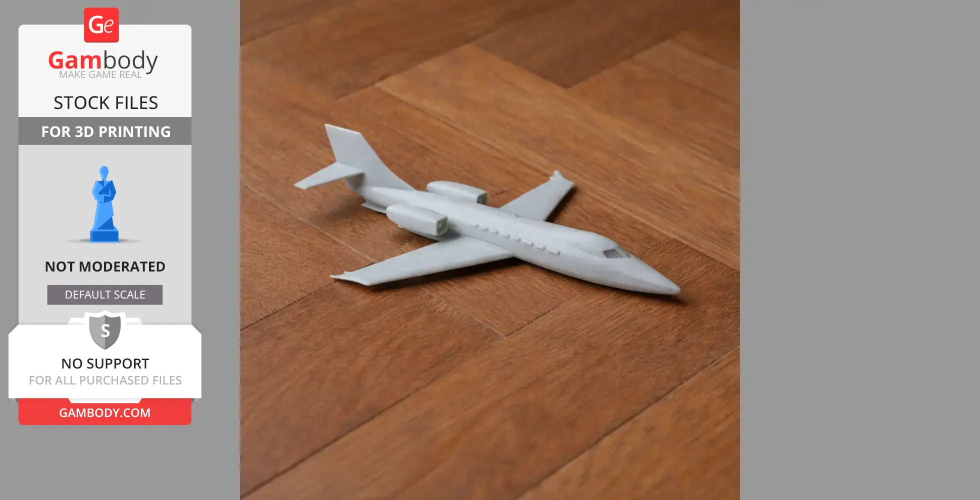 Gray 3D printed model of a Learjet plane on a wooden floor.