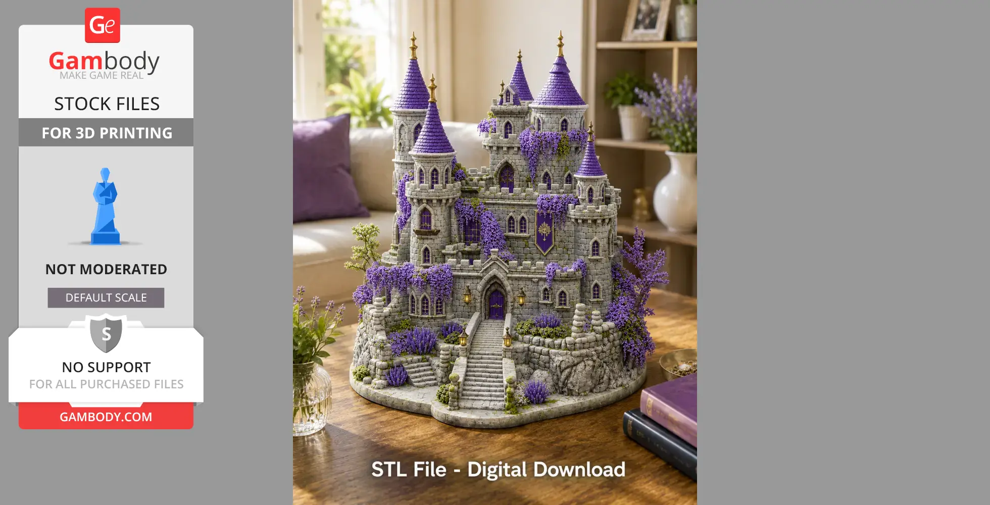 A detailed 3D model of a stone castle adorned with purple spires and lavender blooms.