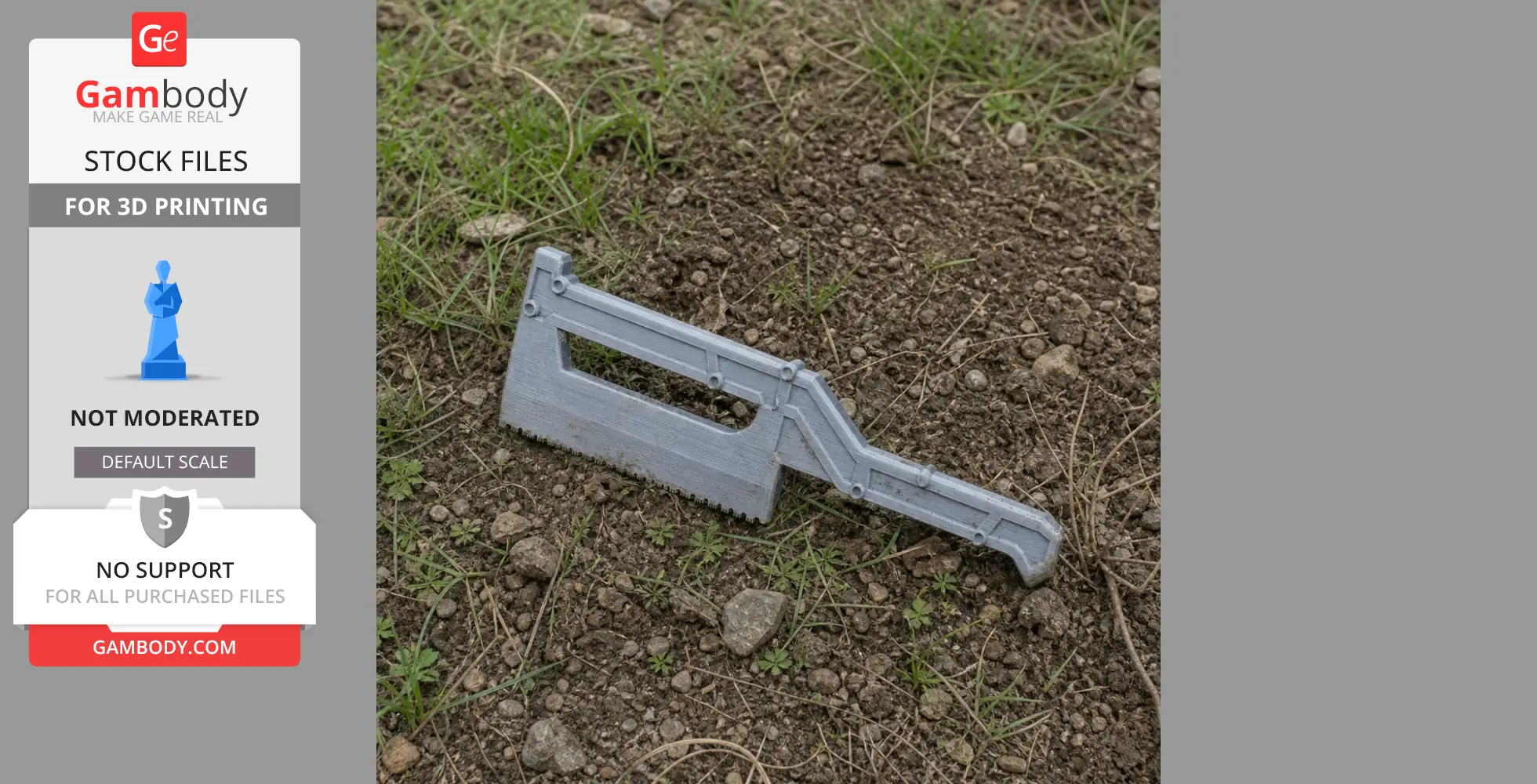 A gray, 3D-printed, claw-like tool from Cyberpunk 2077 is placed on dirt with grass.