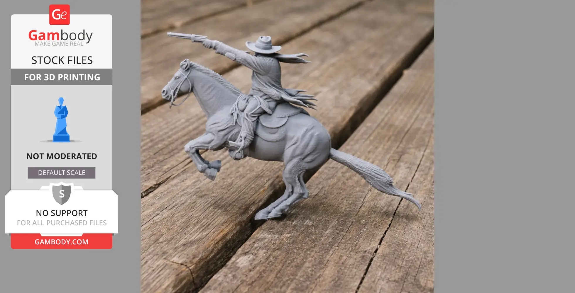 Cowboy gunslinger on rearing horse, pointing gun. Detailed 3D model for printing.