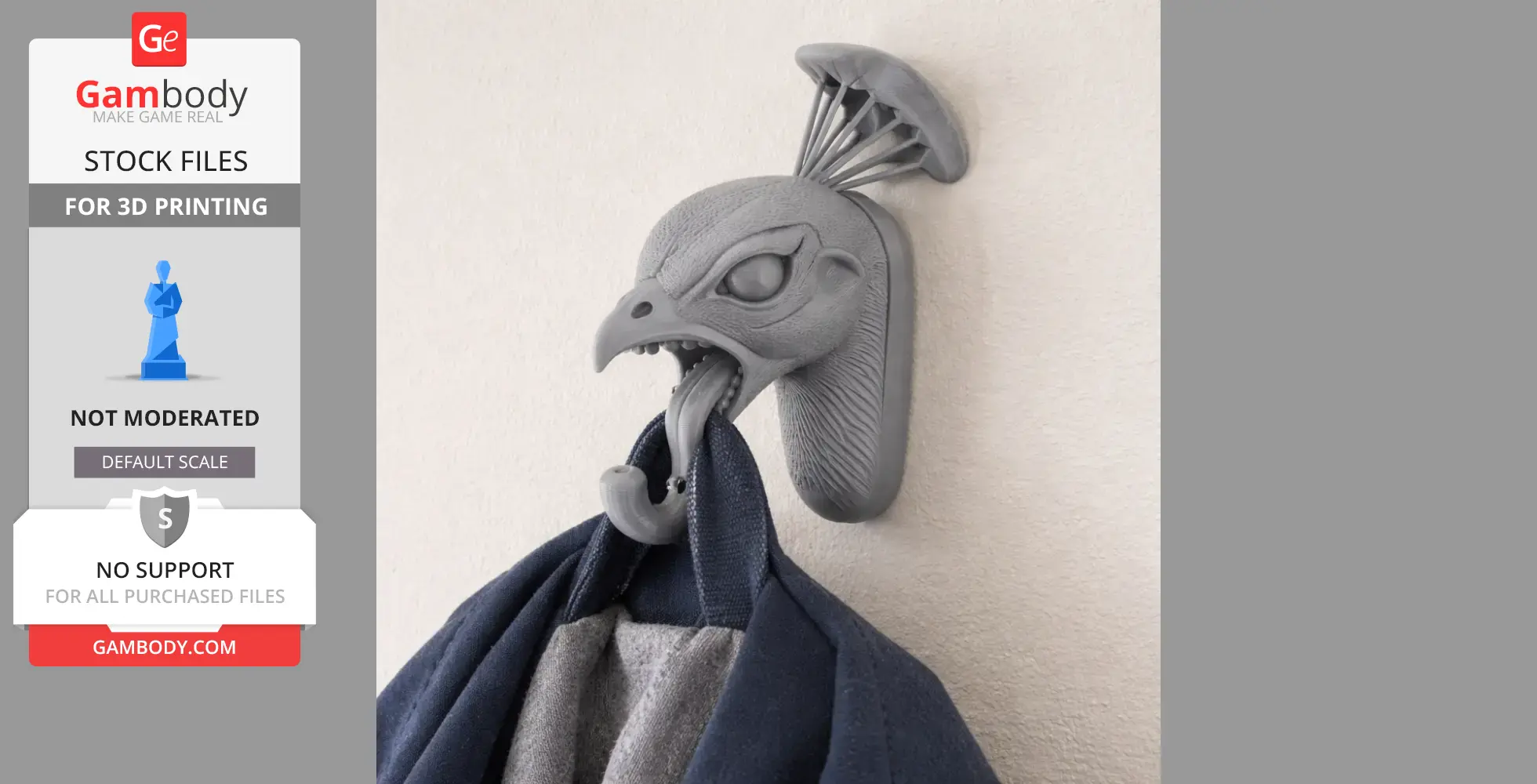 A 3D-printed peacock head wall hook holding a coat.