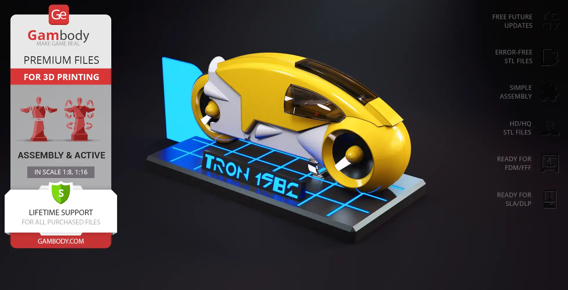 Yellow TRON 1982 Light Cycle model on a grid display stand.