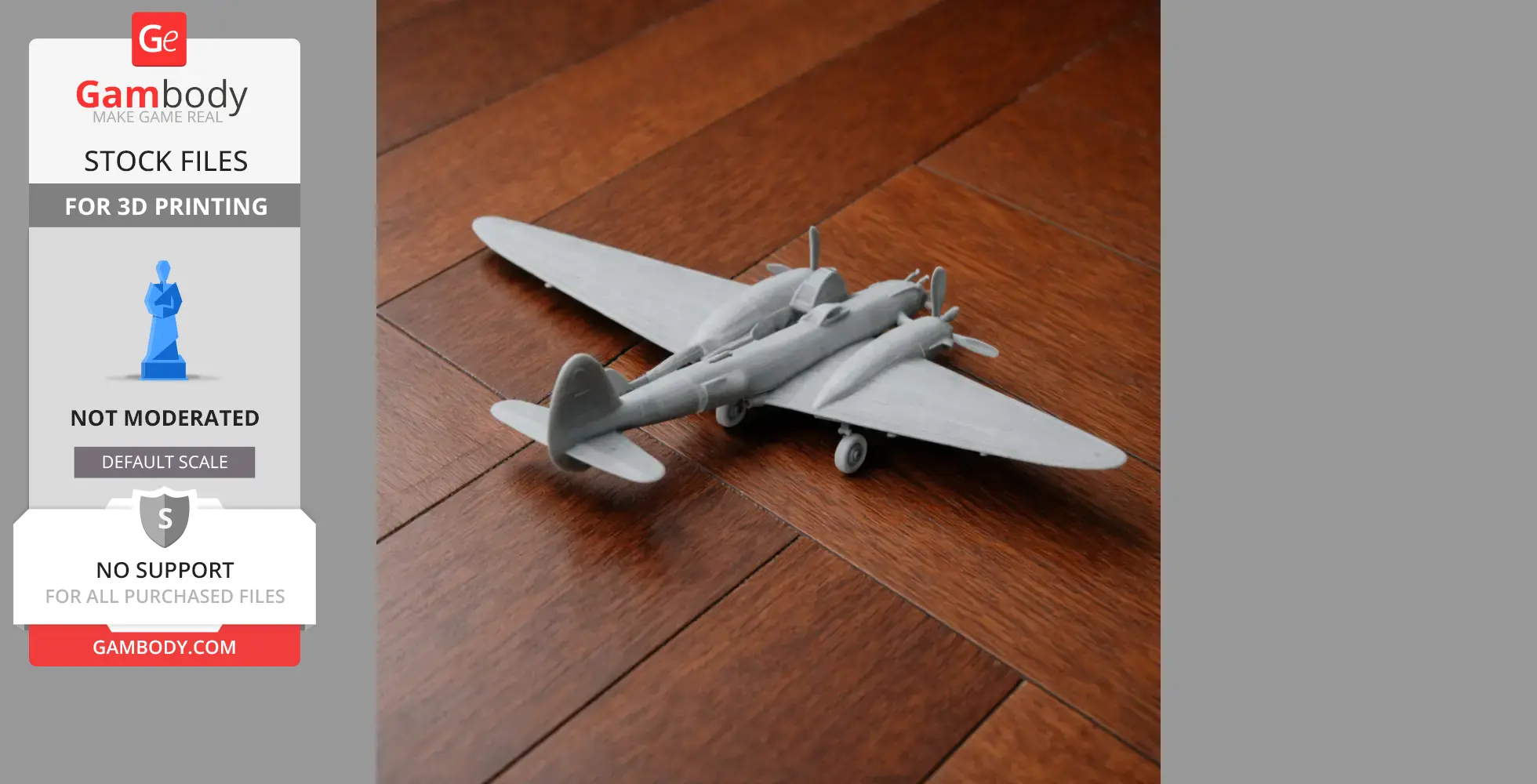 3D printed model of a P-38 Lightning plane on a wooden surface.