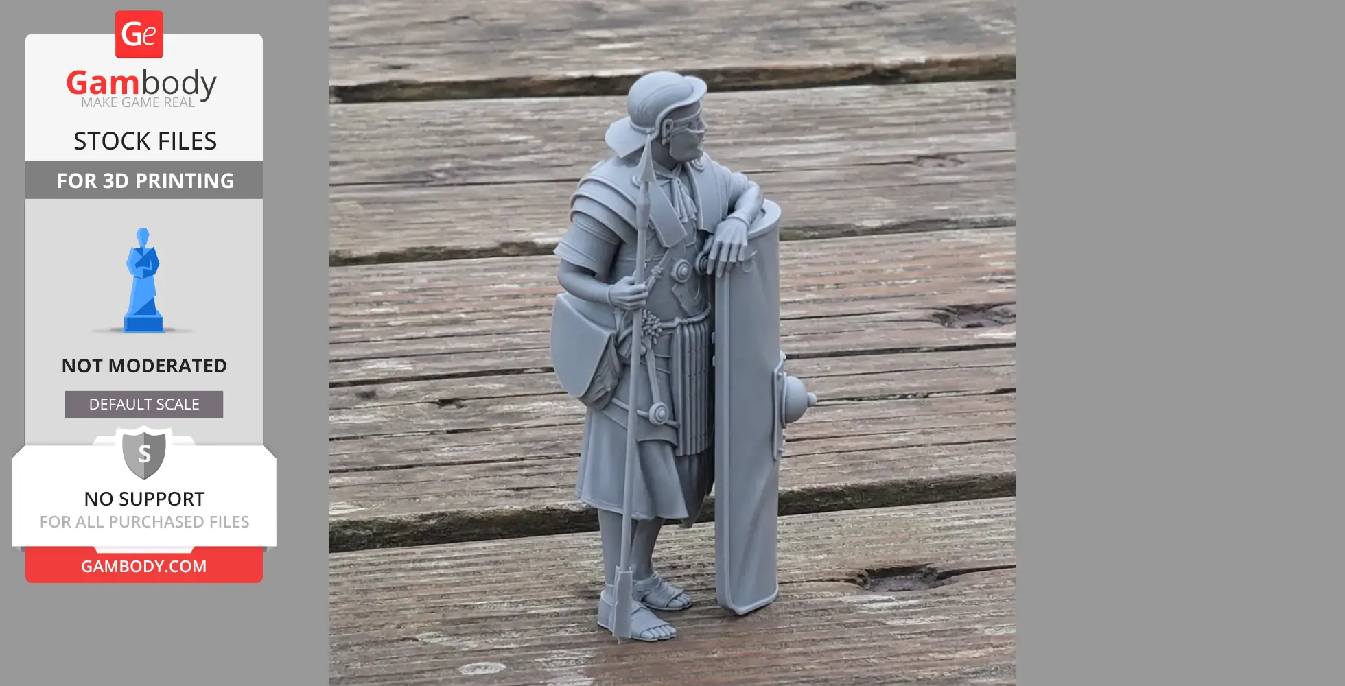 Roman Legionary 3D model holding shield and spear, detailed armor, resting on wooden surface.